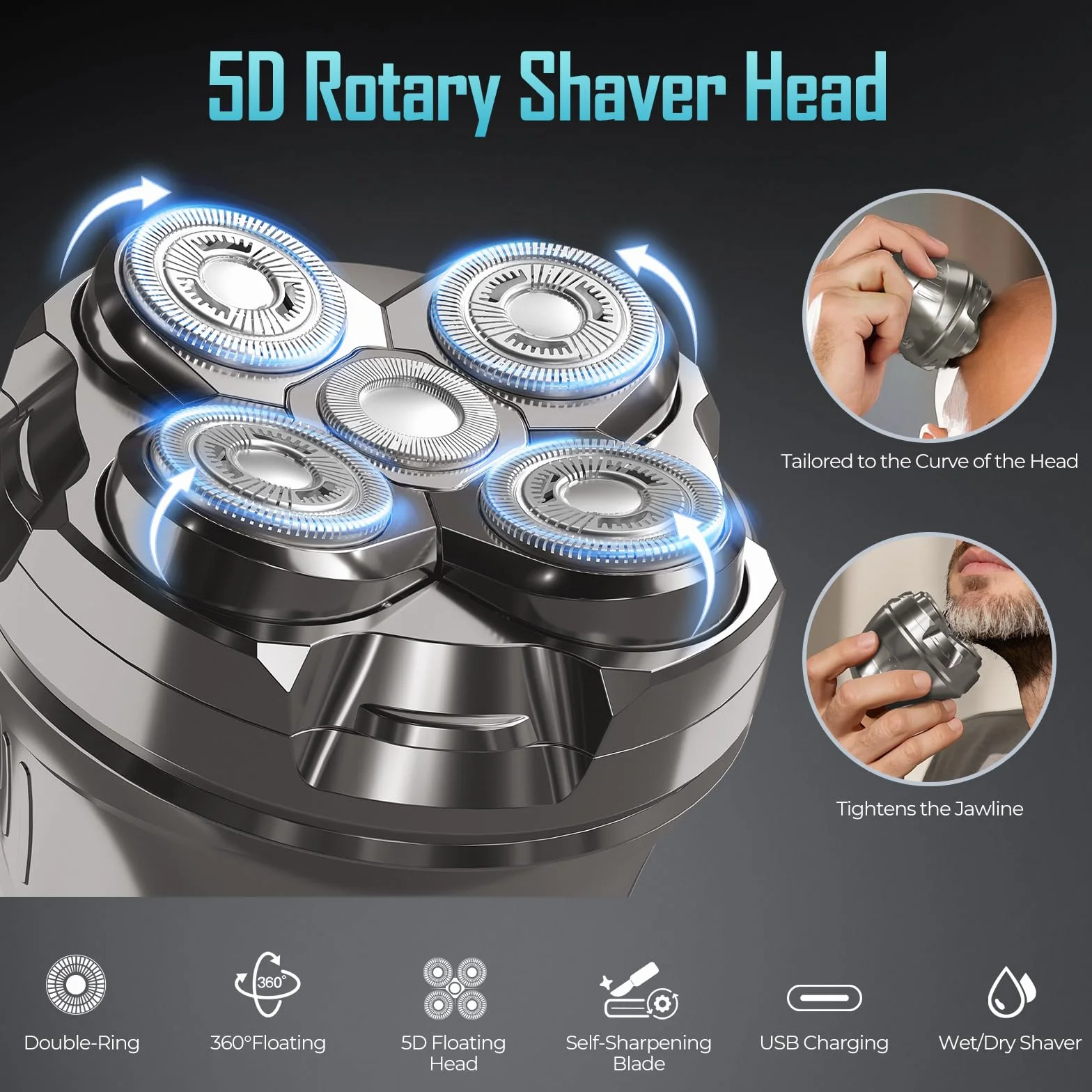 Rasoio Testa Calva Uomo, 5D Rasoio Elettrico 0 mm Impermeabile, Rasoio Capelli Testa Galleggiante Magnetica con Display LED USB-C Argento