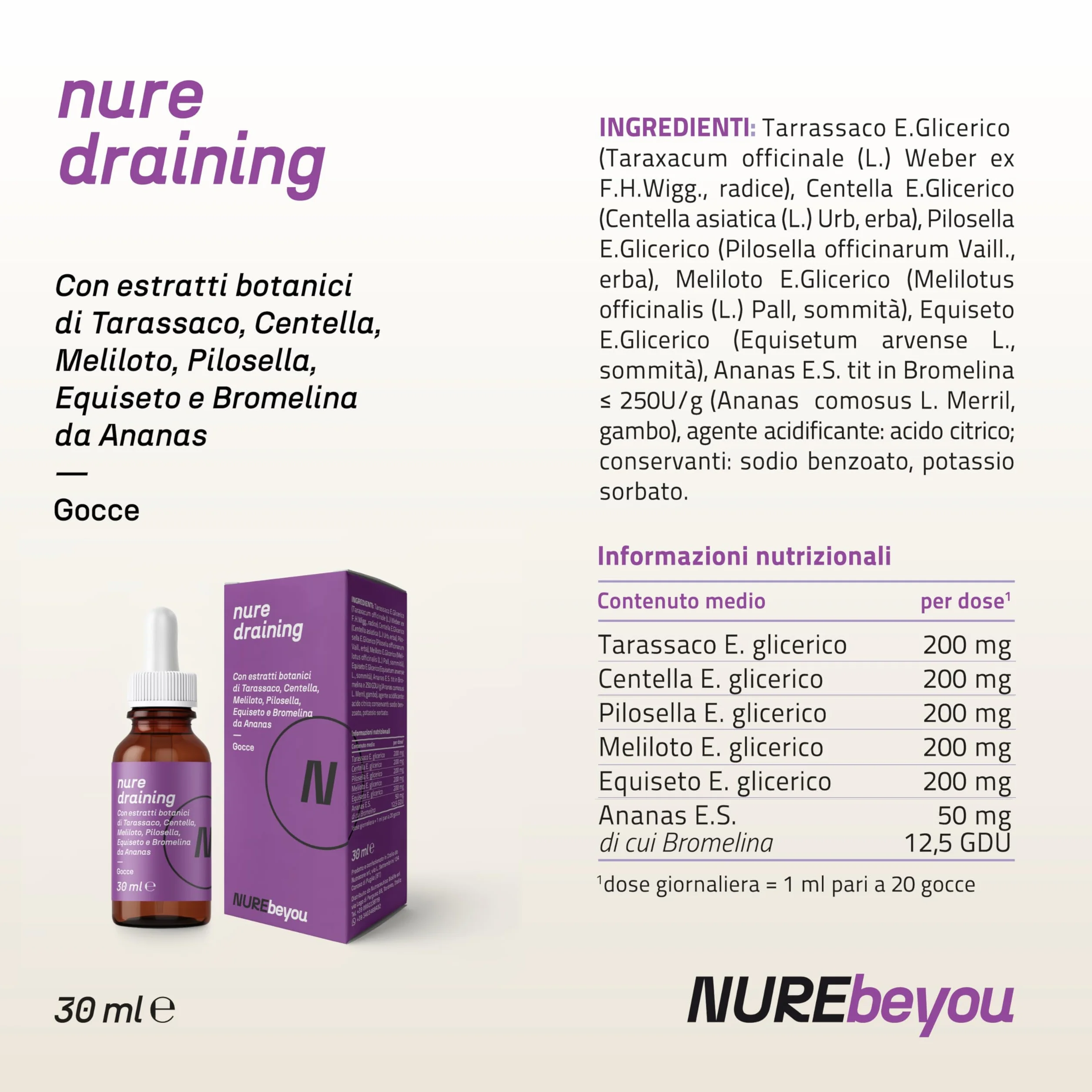 NURE Integratore drenante gocce 30 ml Bromelina Tarassaco centella equiseto depurativo naturale