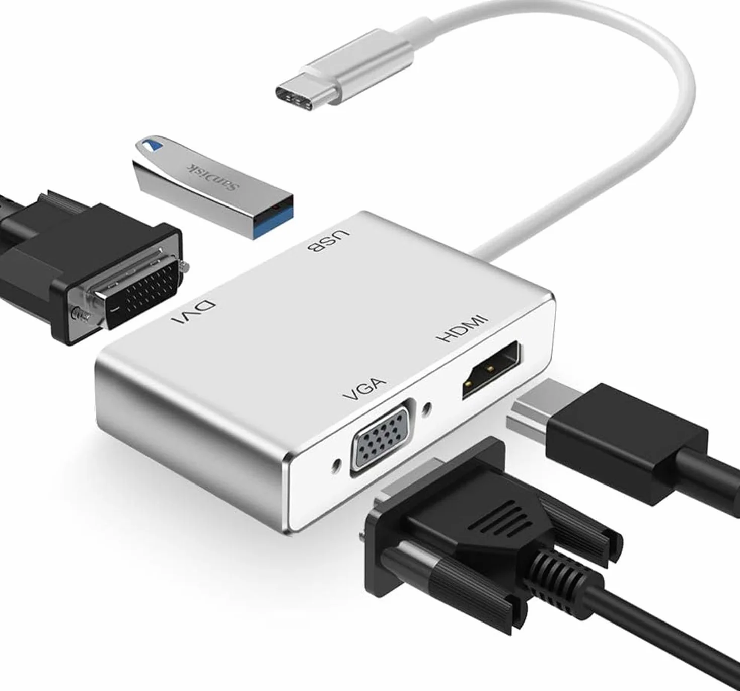 Adattatore da USB C a HDMI 4K, Faersi 4 in 1 USB Tipo C a HDMI VGA DVI USB 3.0 (Compatibile Thunderbolt 3) Multiporta Adattatore USB C HUB per MacBook, Chromebook Pixel e altri bianco bianco type c