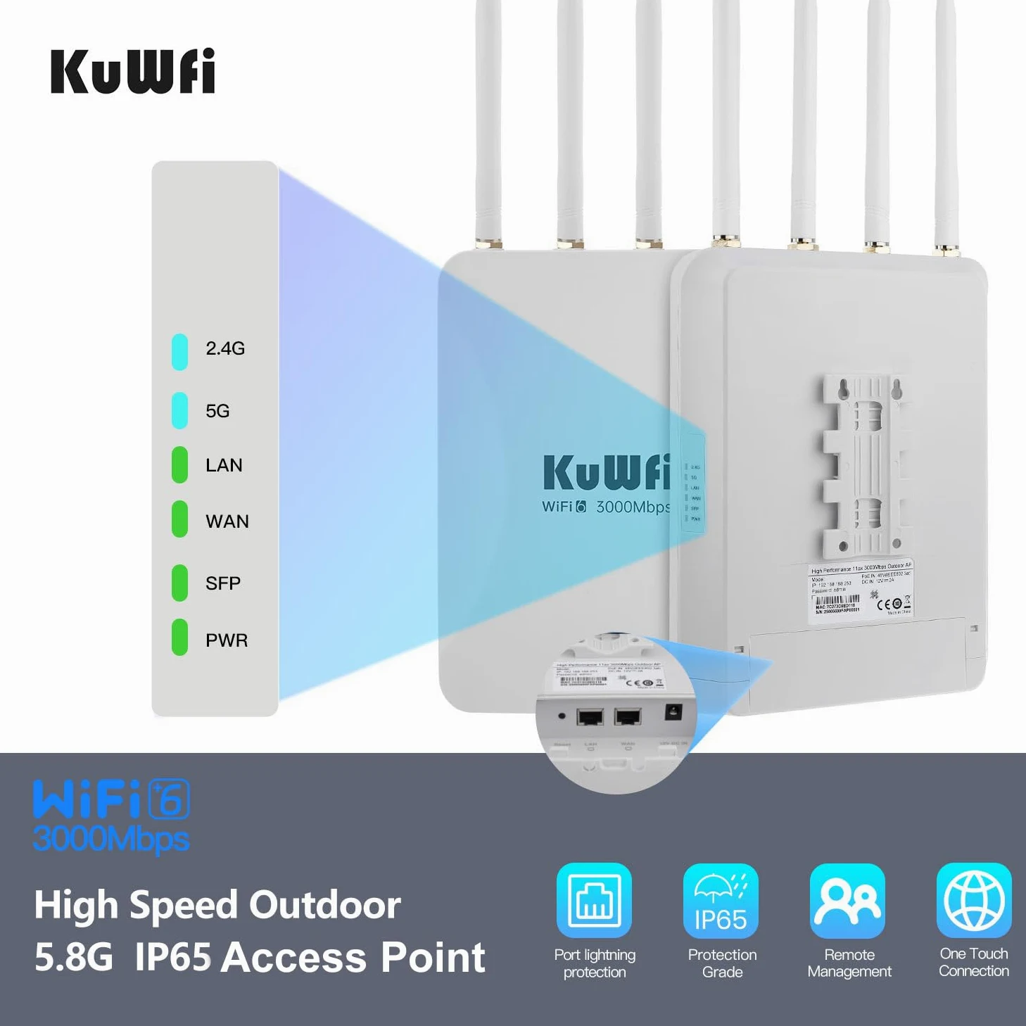 KuWFi Outdoor WiFi 6 Repeater & Extender, Punto di accesso WiFi 6 AX3000 Mbps 2,4 GHz e 5 GHz Point Bridge with 4 High Gain Antennas, Gigabit Port, Poe Powered, Supporto MU-MIMO, Seamless Roaming
