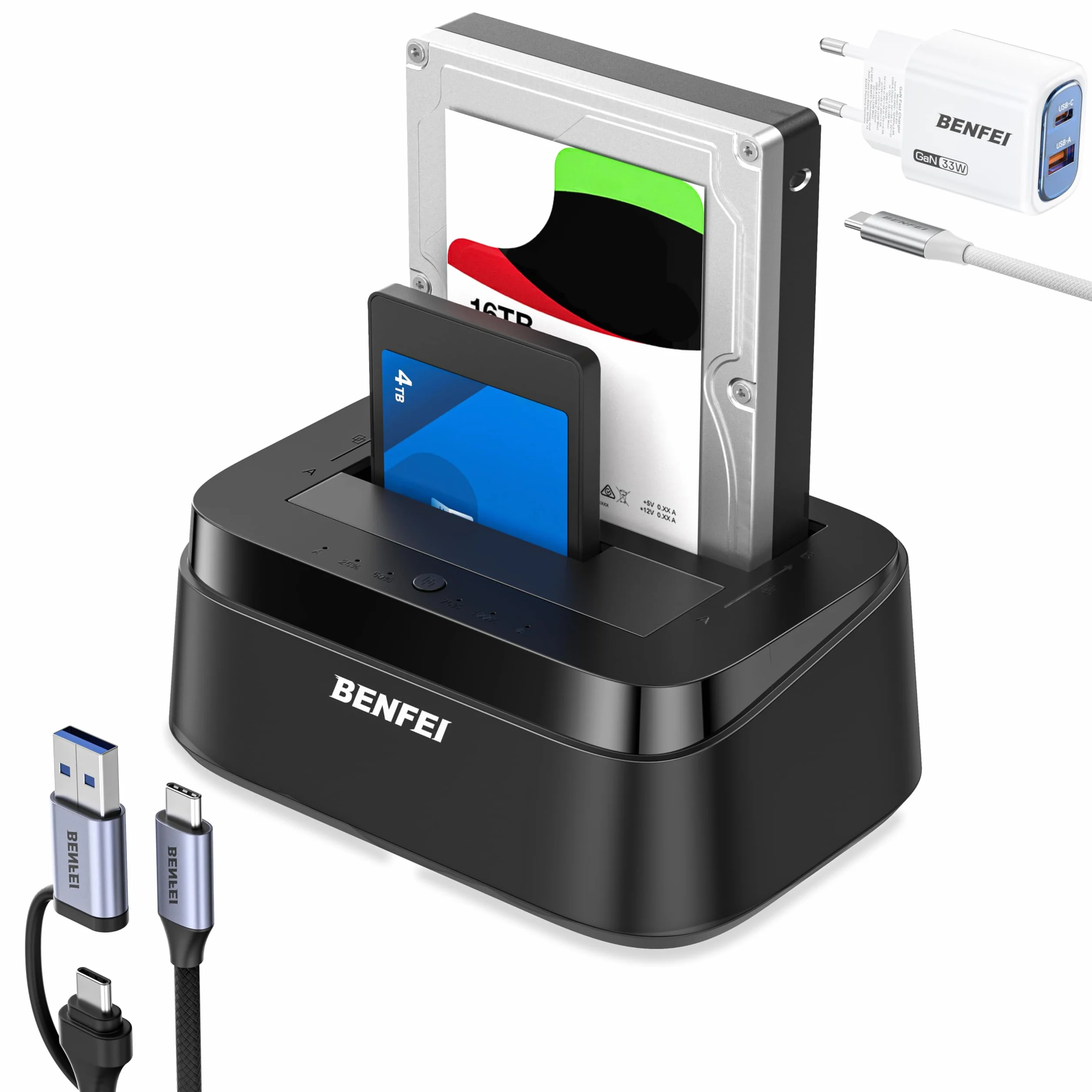 BENFEI Docking station per dischi rigidi con clonazione offline UASP, dock a doppio alloggiamento USB-C per HDD e SSD da 2,5/3,5", 5 Gbps