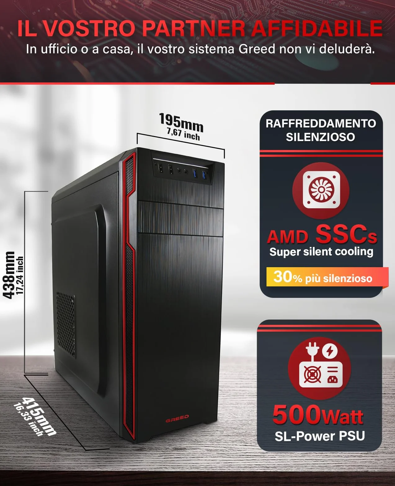 GREED® Ultra V2 PC fisso AMD Ryzen 7 5700G 8 Core - Desktop veloce computer per ufficio e casa con 4,6 GHz, 16 GB RAM/Memoria - Disco SSD da 1 TB + HDD da 1 TB - DVD+RW - USB3.1 - Wi-Fi, incl. W11 Pro
