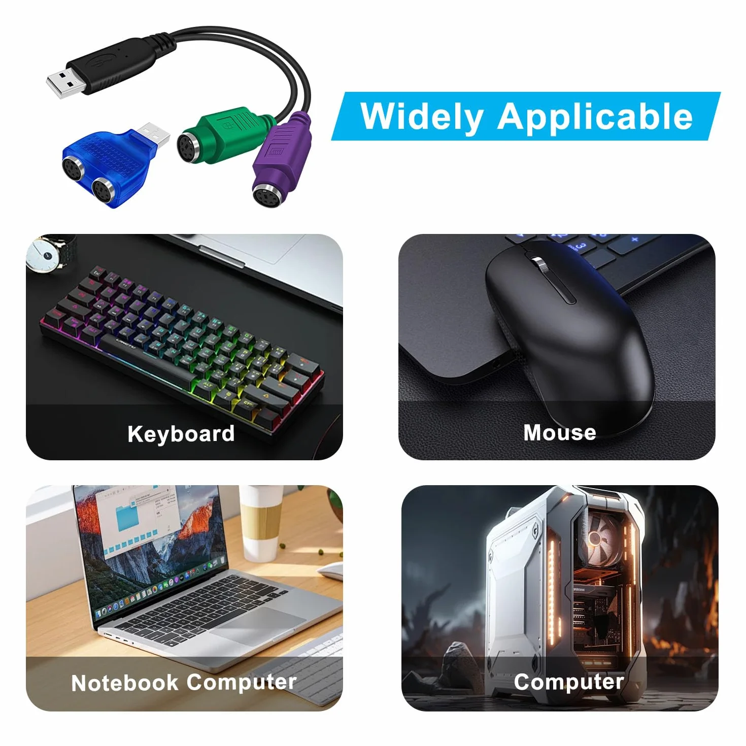 PS2 to USB Adapter Keyboard Adattatore PS2 USB Tastiera e Mouse con Chip Integrato Non Richiede Driver Plug and Play 18cm (Cavo+Adattatore)