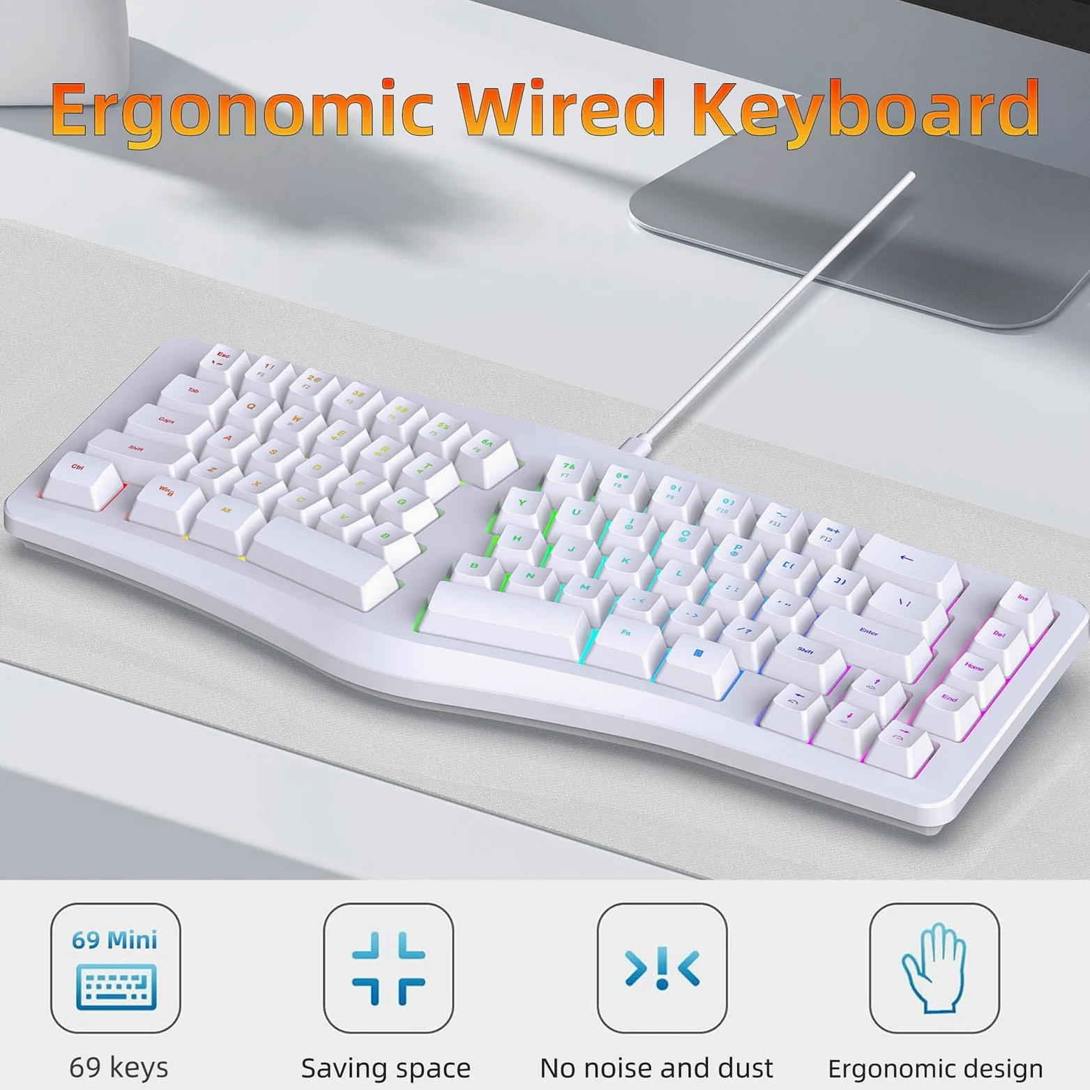Tastiera Ergonomica Divisa, Tastiera da Digitare Naturalmente USB C con 18 modalità Retroilluminata RGB, 69 Tasti, Cavo Staccabile per il Desktop per Computer (WHITE)