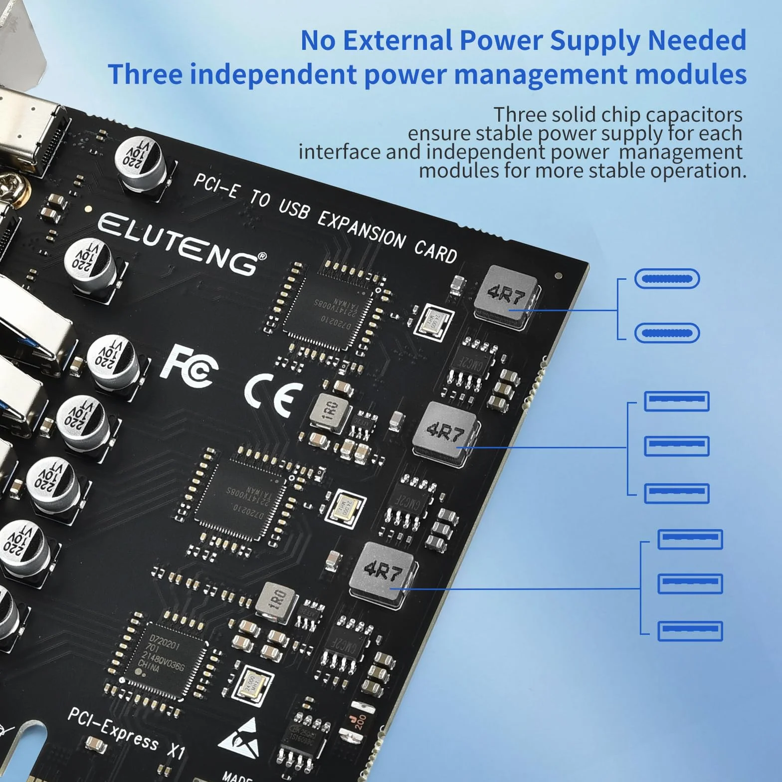 ELUTENG Scheda PCIe a USB 3.2 Gen 2 con 5 Gbps 8 Porte (2 Tipo C + 6 x Tipo A) Scheda di Espansione, Convertitore Interno USB3 Scheda PCI Express per PC Desktop, per Windows 11/10/8.1/8/7/XP/Vista