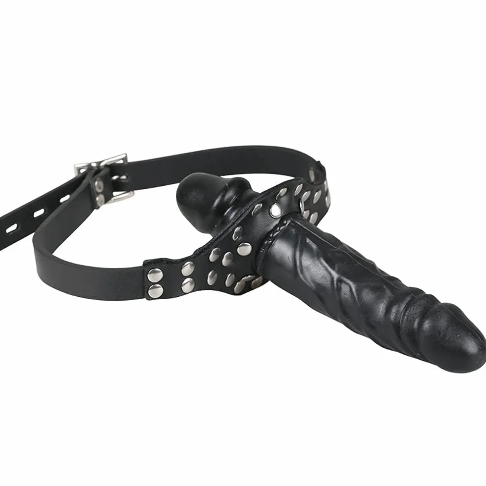Bavaglio del pene in pelle con dildo in silicone BDSM Bondage Gag 18 cm