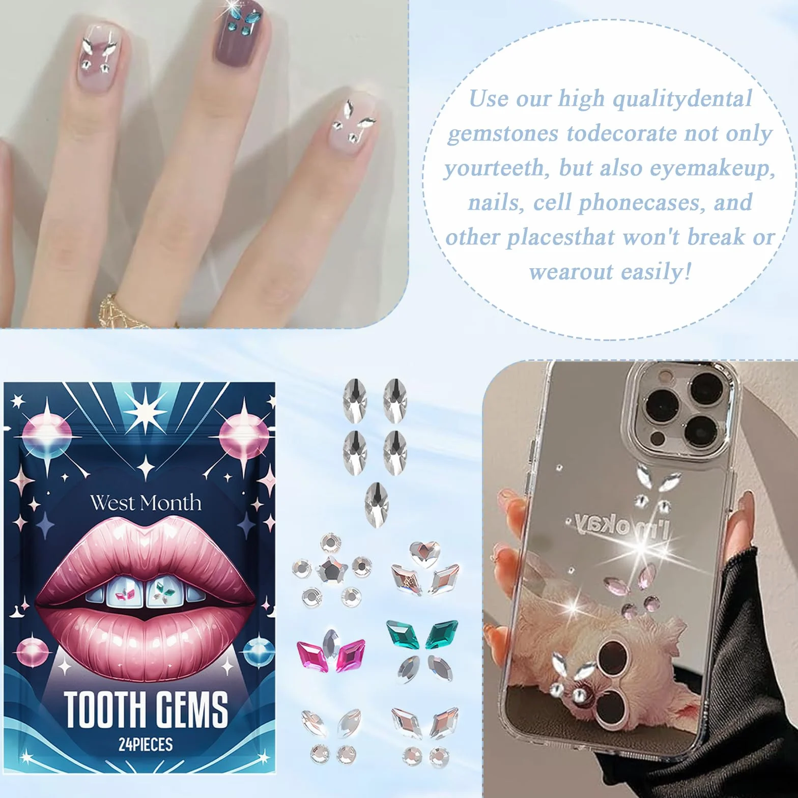 Brillantino Dente Tooth Gems Kit Strass Bianchi Diamanti Occhio Di Cavallo Cristallo