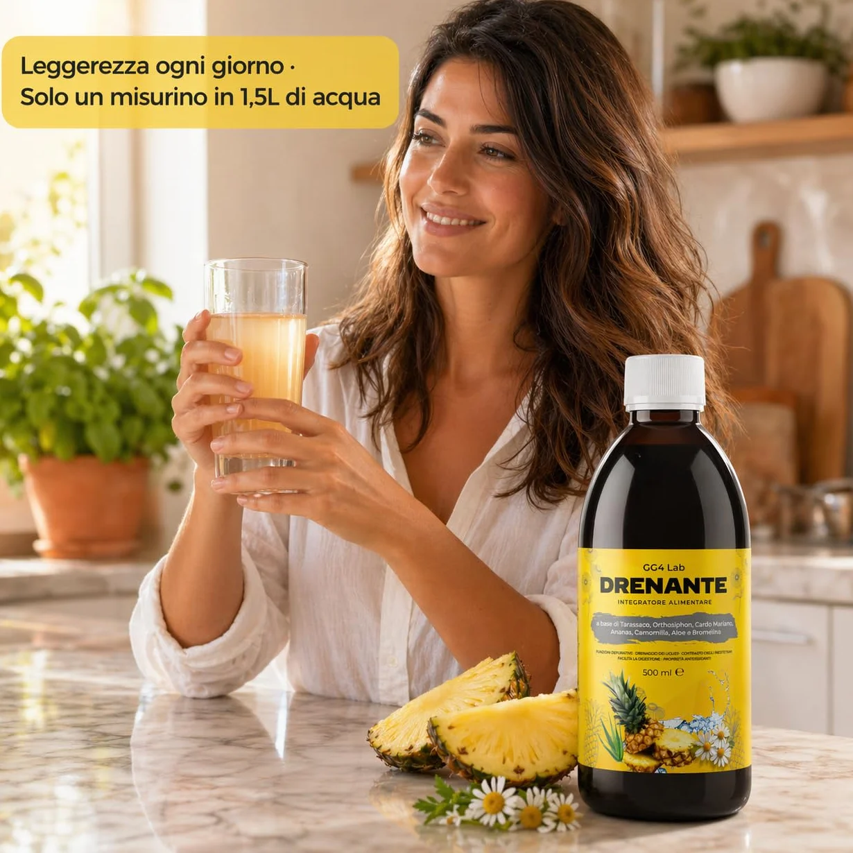 GG4Lab Drenante Forte Liquido 500ml Ritenzione Idrica Pancia Piatta Gambe Sgonfie Bromelina 2500 GDU Tarassaco Orthosiphon Aloe Vera 25 Dosi Gusto Arancia Made in Italy
