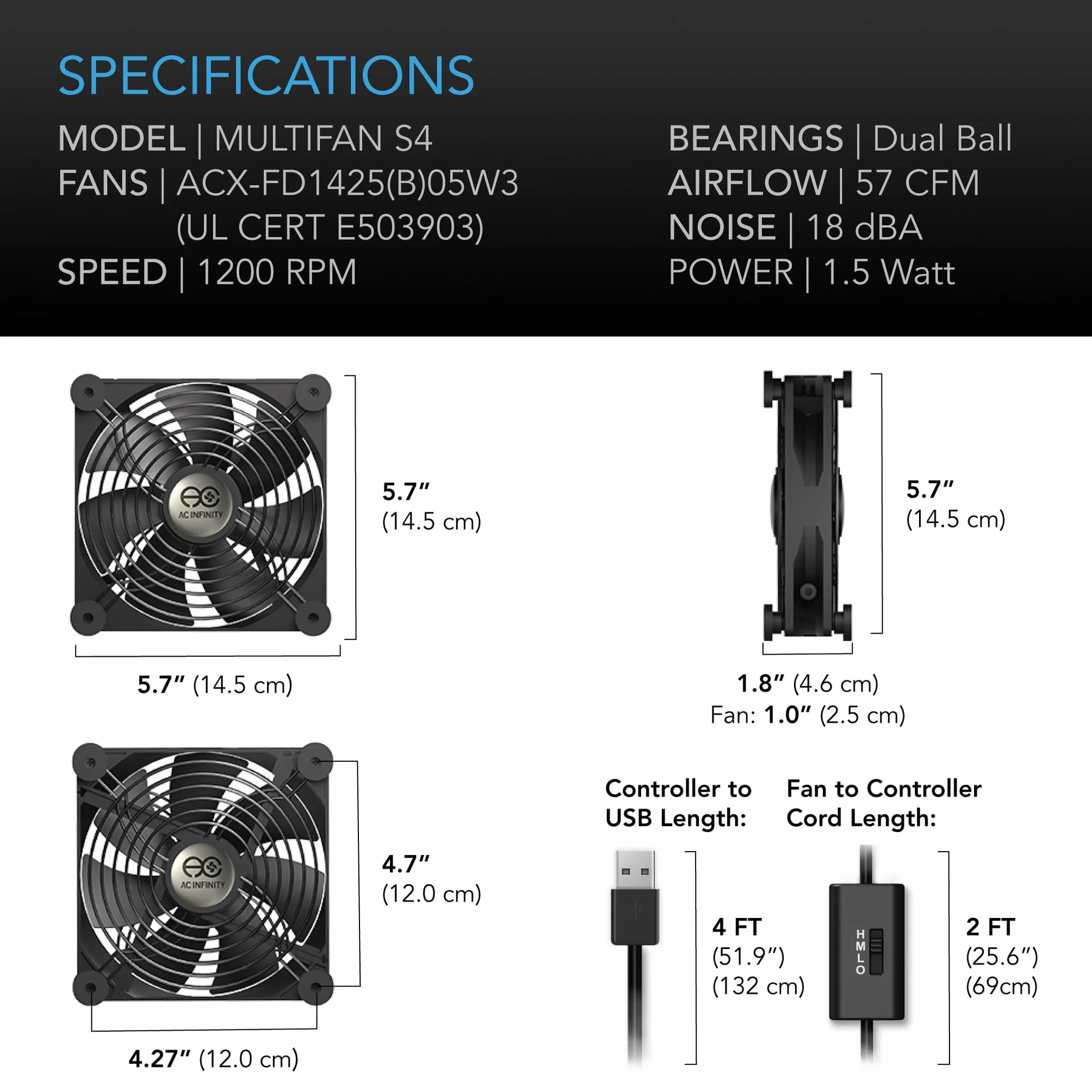 AC Infinity Multifan S4, Ventola USB silenziosa da 140 mm, certificata UL, per raffreddamento di ricevitore DVR, PlayStation, Xbox e computer