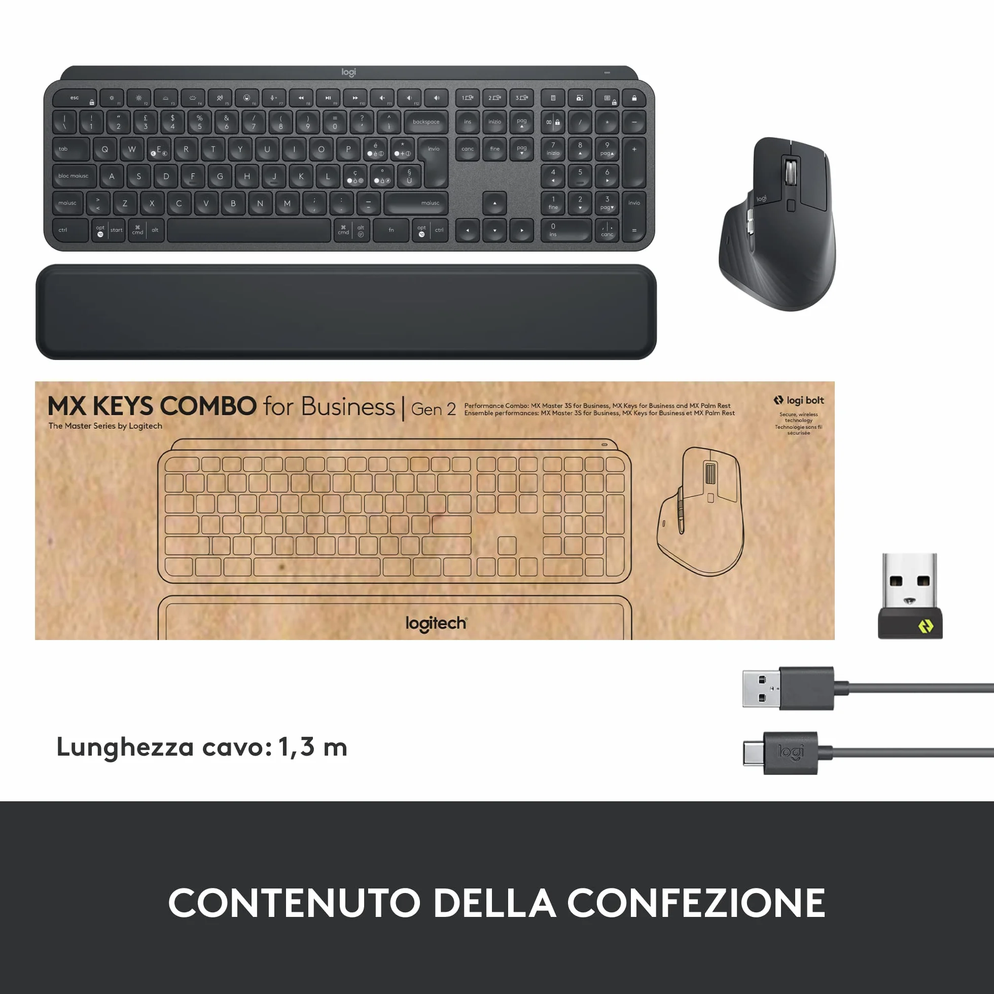 Logitech MX Keys Combo for Business | Gen 2, Tastiera e Mouse Wireless Full Size, con Poggiapolsi, Bluetooth , Logi Bolt, Clic Silenziosi, Windows/Mac/Chrome/Linux, Italiano QWERTY - Grigio