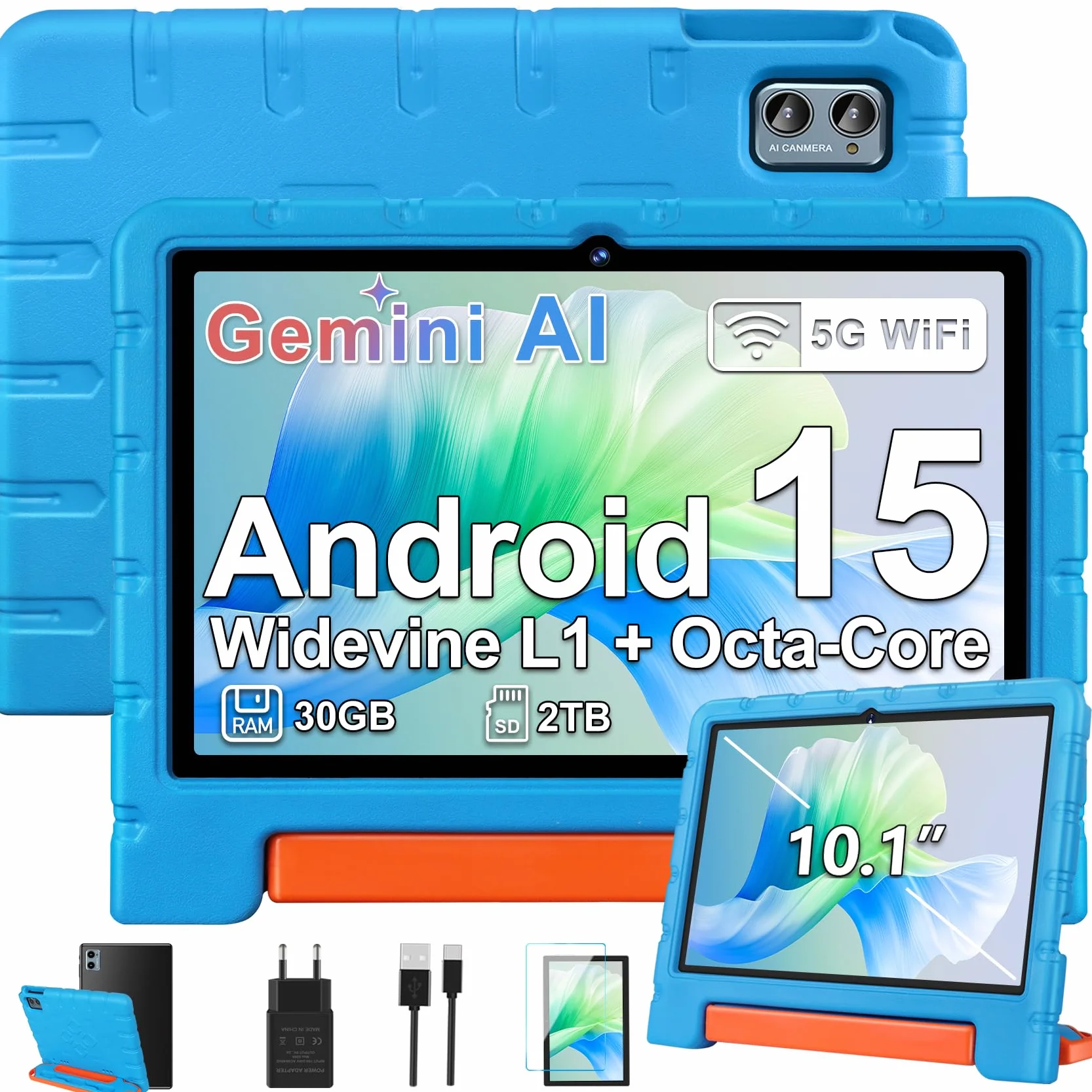 ZIOVO Tablet Bambini 10 Pollici Tablets Android 15, 30GB RAM+64GB ROM(TF 2TB), 5G WiFi Tablets,Gemini AI/Octa-Core/Widevine L1/Face ID/Parentale Controllo/6000 mAh/BT 5.0, Tablet con Eva Caso-Blu