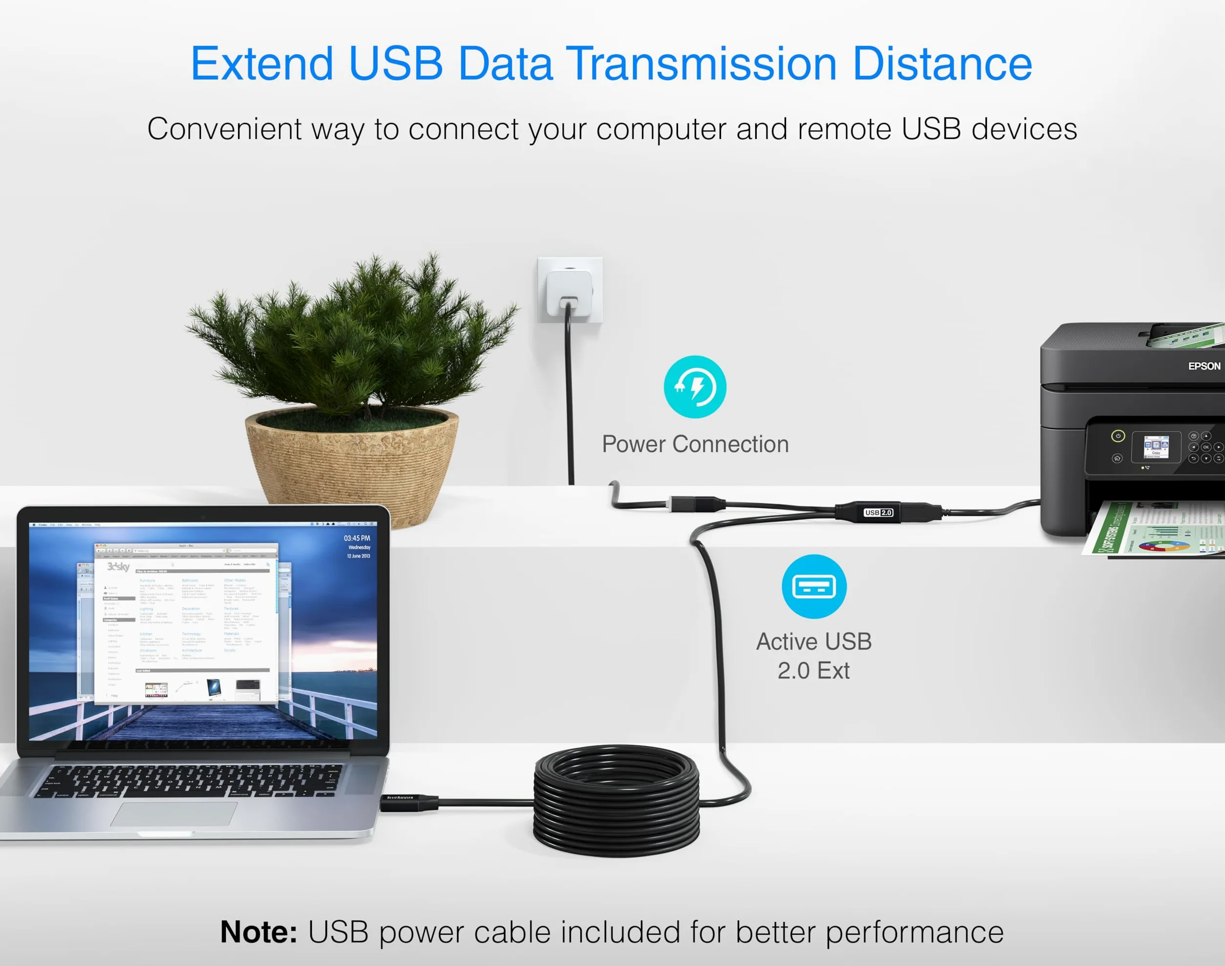 BlueRigger, Cavo prolunga USB, 22 m, prolunga USB 2.0 attiva, ripetitore maschio a femmina, cavo di trasferimento dati per console di gioco, stampanti, fotocamere, tastiere, dischi rigidi