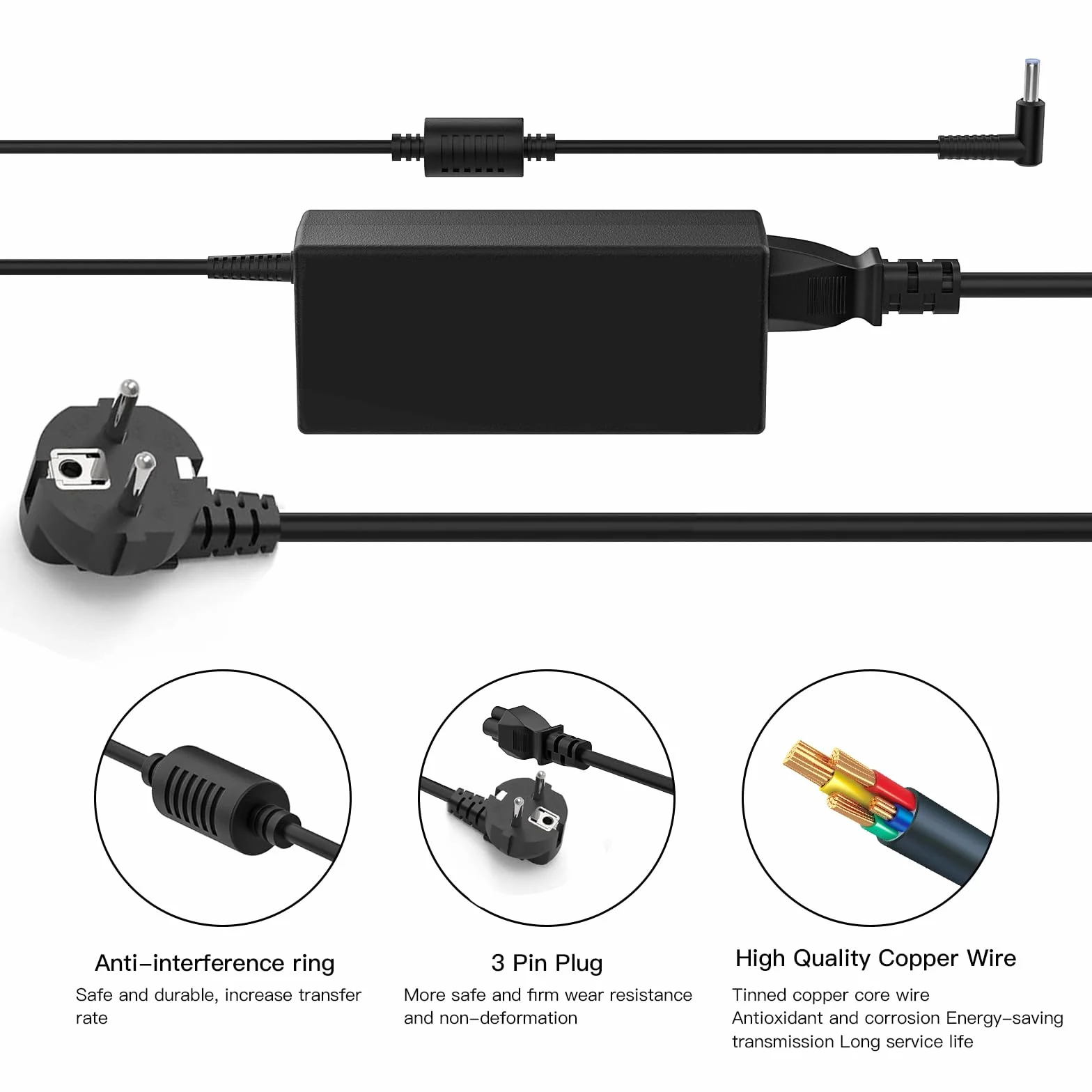 Cavo di alimentazione CA di ricambio per caricabatterie HP da 65 W, compatibile con Envy 13 15 17 15-1039wm, Pavilion x360 11 13 15, EliteBook 820 830 840 850 G6 G3 G4 G5 G7-45