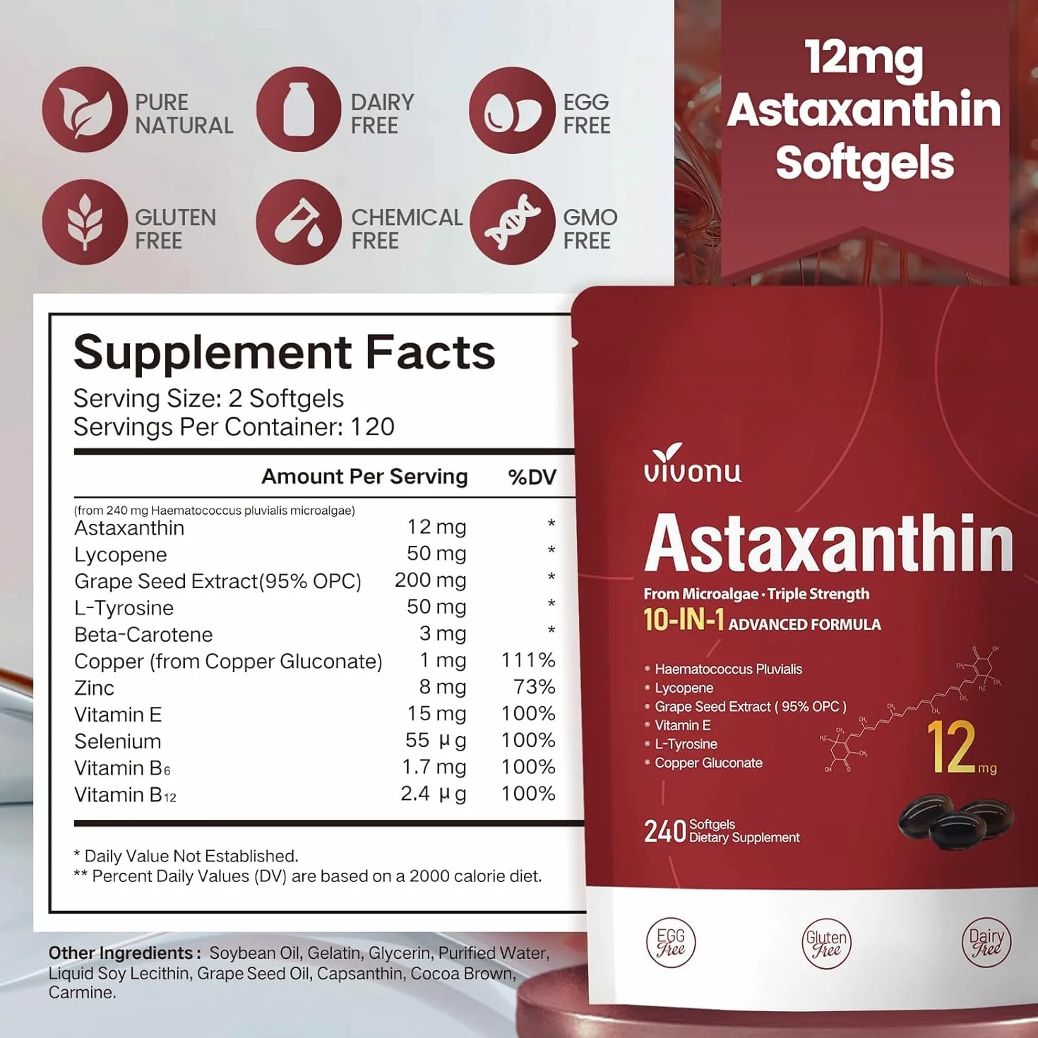 VivoNu Astaxantina 12 mg 240 Capsule Integratore Antiossidante