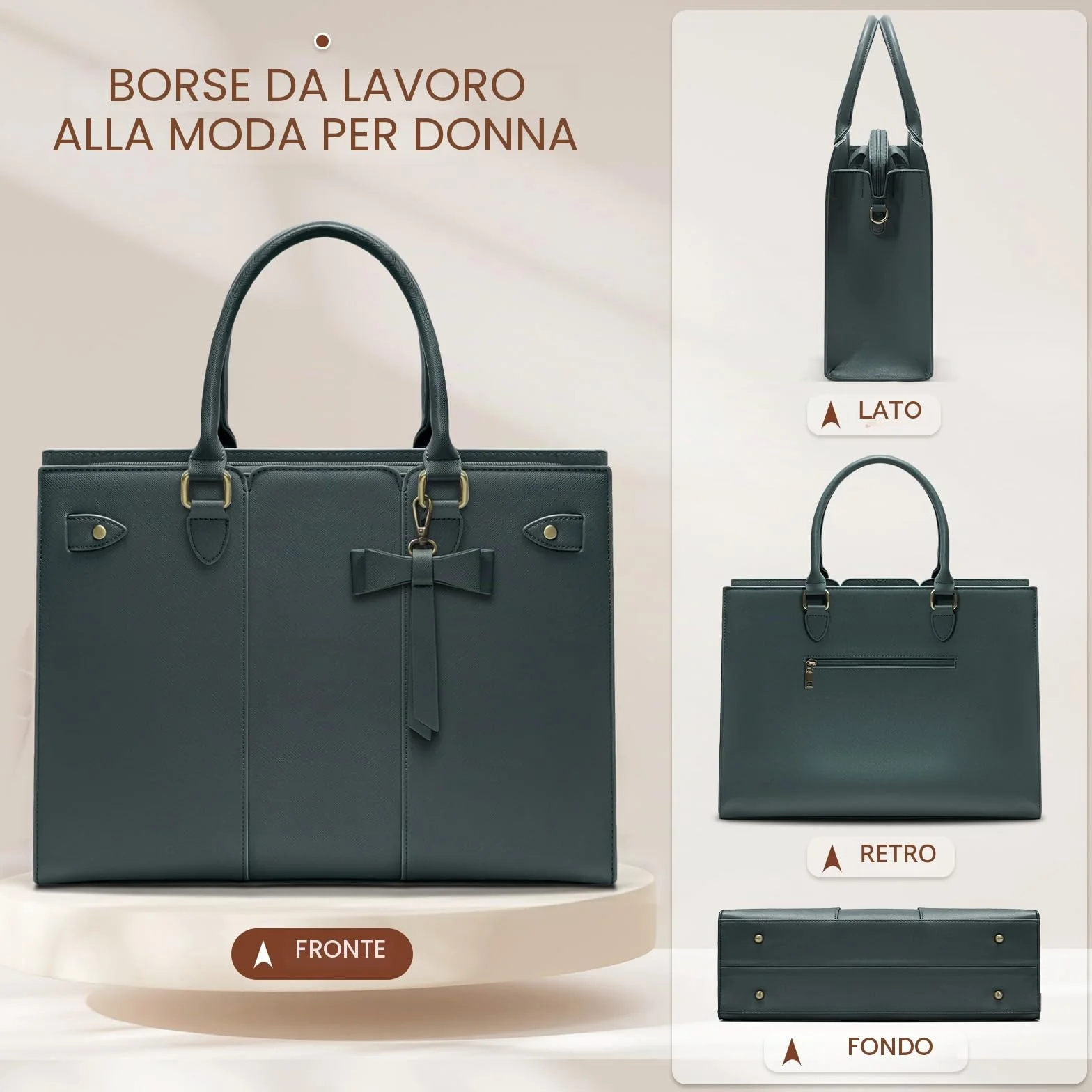 RAINSMORE Borsa Lavoro Donna PU Pelle Porta PC Ufficio Università Tote Bag Tracolla Grande 15.6 Pollici Verde Scuro