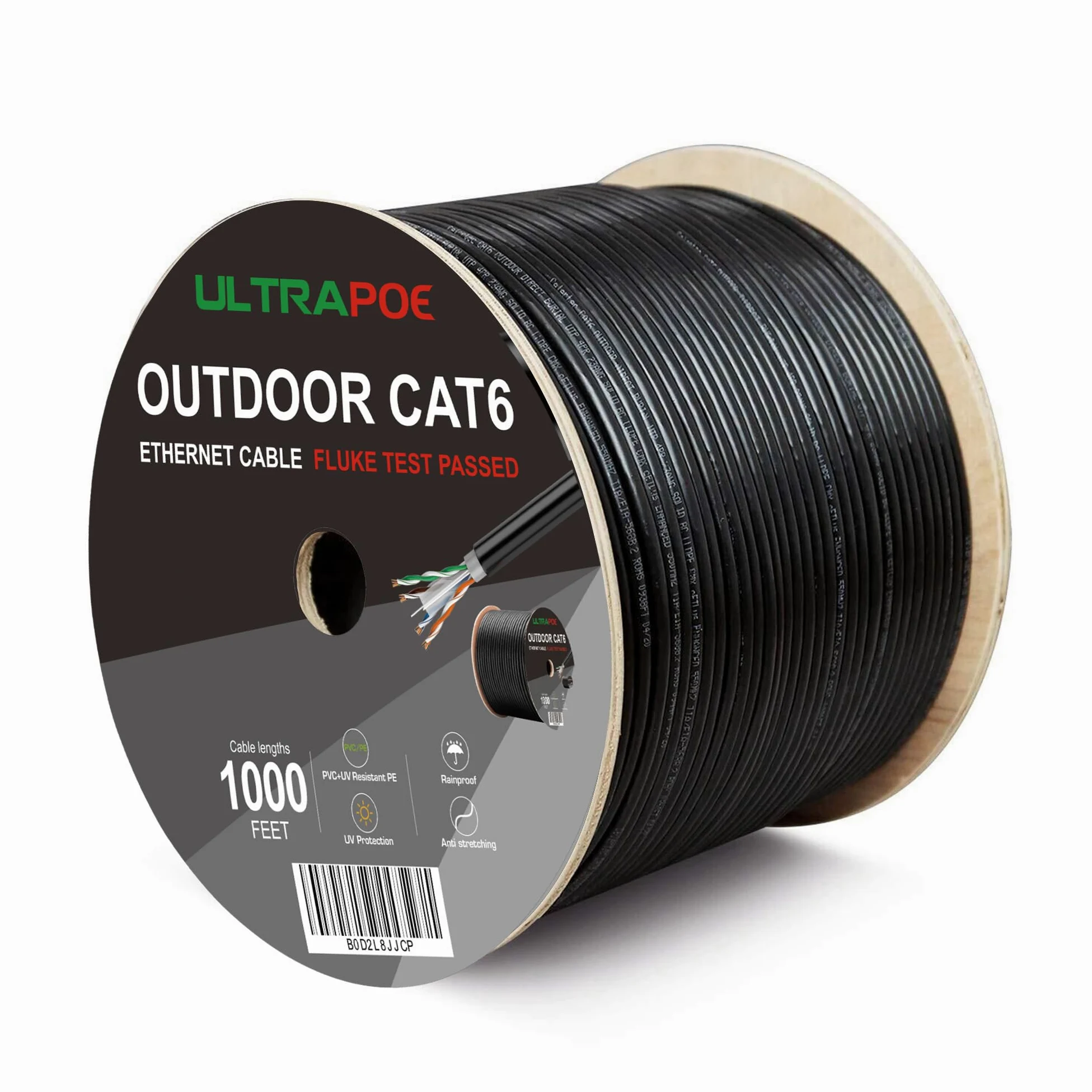 Cavo Ethernet da esterno Cat 6 a discarica diretta da 304,8 m, impermeabile, resistente ai raggi UV, rame nudo massiccio 23 AWG, 550 MHz, PoE++ (4PPoE), UTP non schermato, CMX, asse di rete