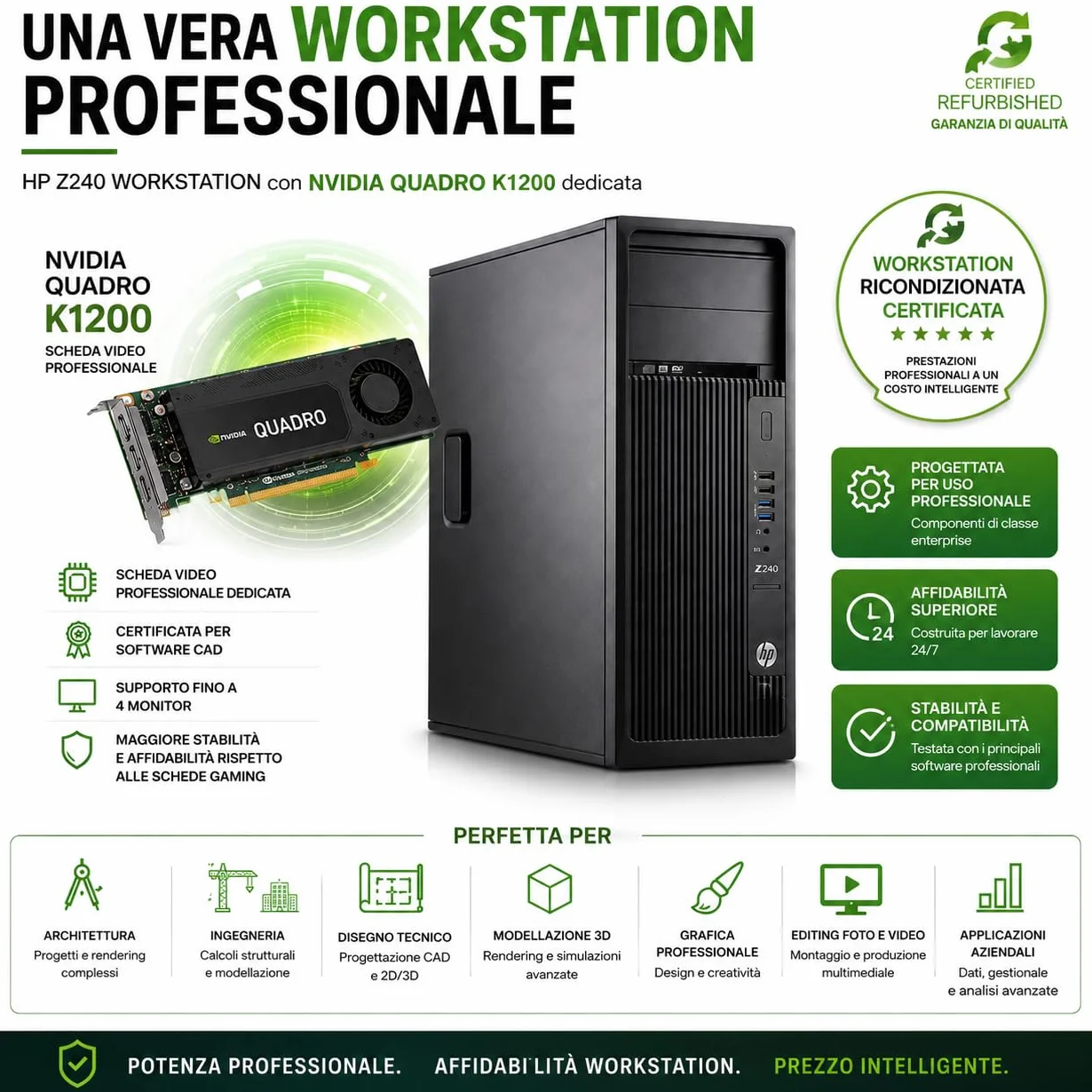 HP Workstation Z240 PC RICONDIZIONATO, Core i7-6700K, 32GB RAM, 1TB SSD+HDD, NVIDIA Quadro K1200 4GB, Win 11 Pro + Office 365
