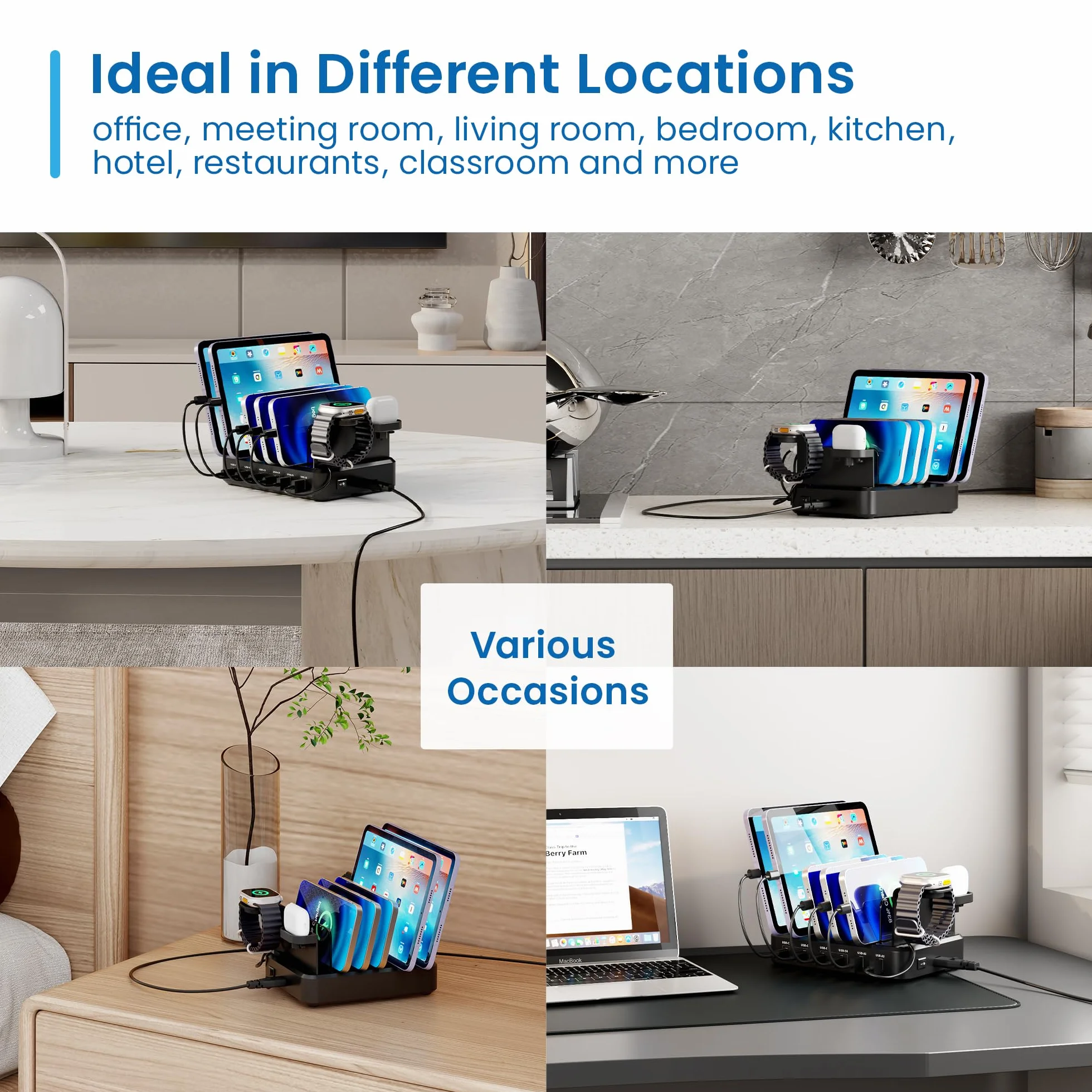Ewent Stazione di Ricarica Universale 6 Porte USB (4xUSB-C 65W+2xUSB-A), Europlug 130W, con Supporto SmartWatch e Auricolari, Per Smartphone/Tablet/Laptop, Ricarica Rapida PD3.0/QC3.0, Design Compatto