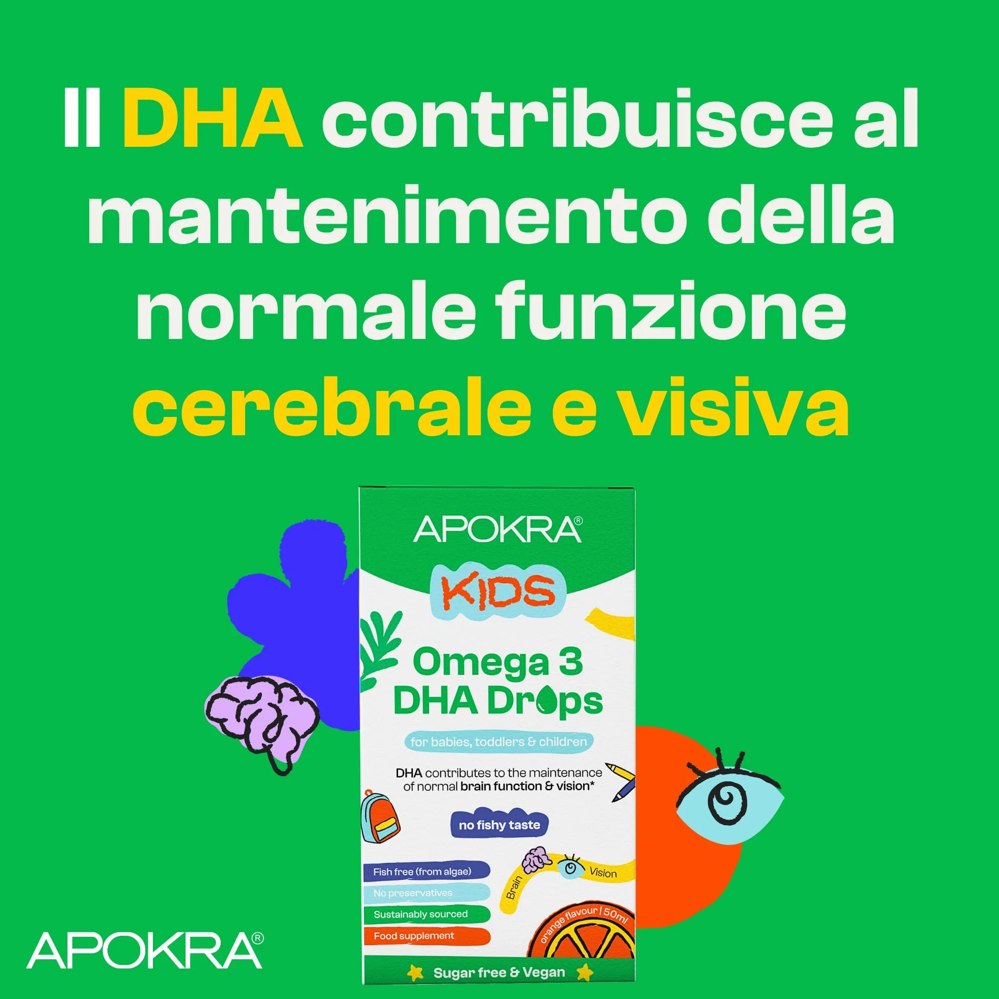 APOKRA Kids Omega 3 Vegan DHA Drops 50 ml Senza conservanti e senza zucchero