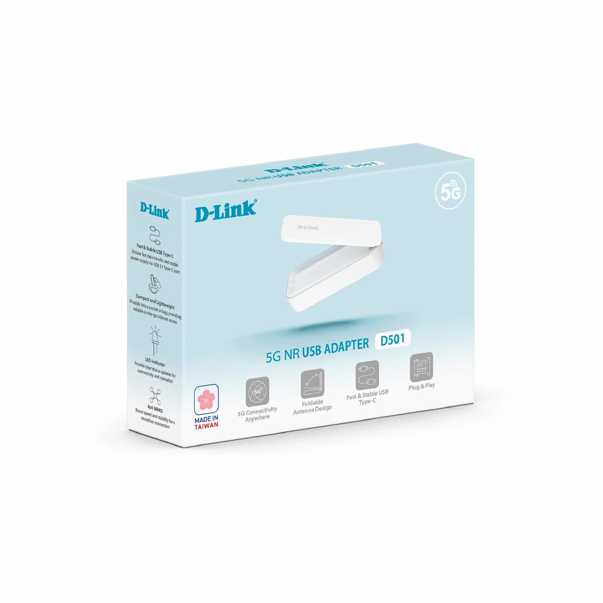 D-Link D501 Adattatore USB 5G NR – Internet mobile 5G/4G LTE ad alta velocità, Plug & Play, USB-C, Antenna pieghevole, Nano SIM, Windows/macOS/Linux