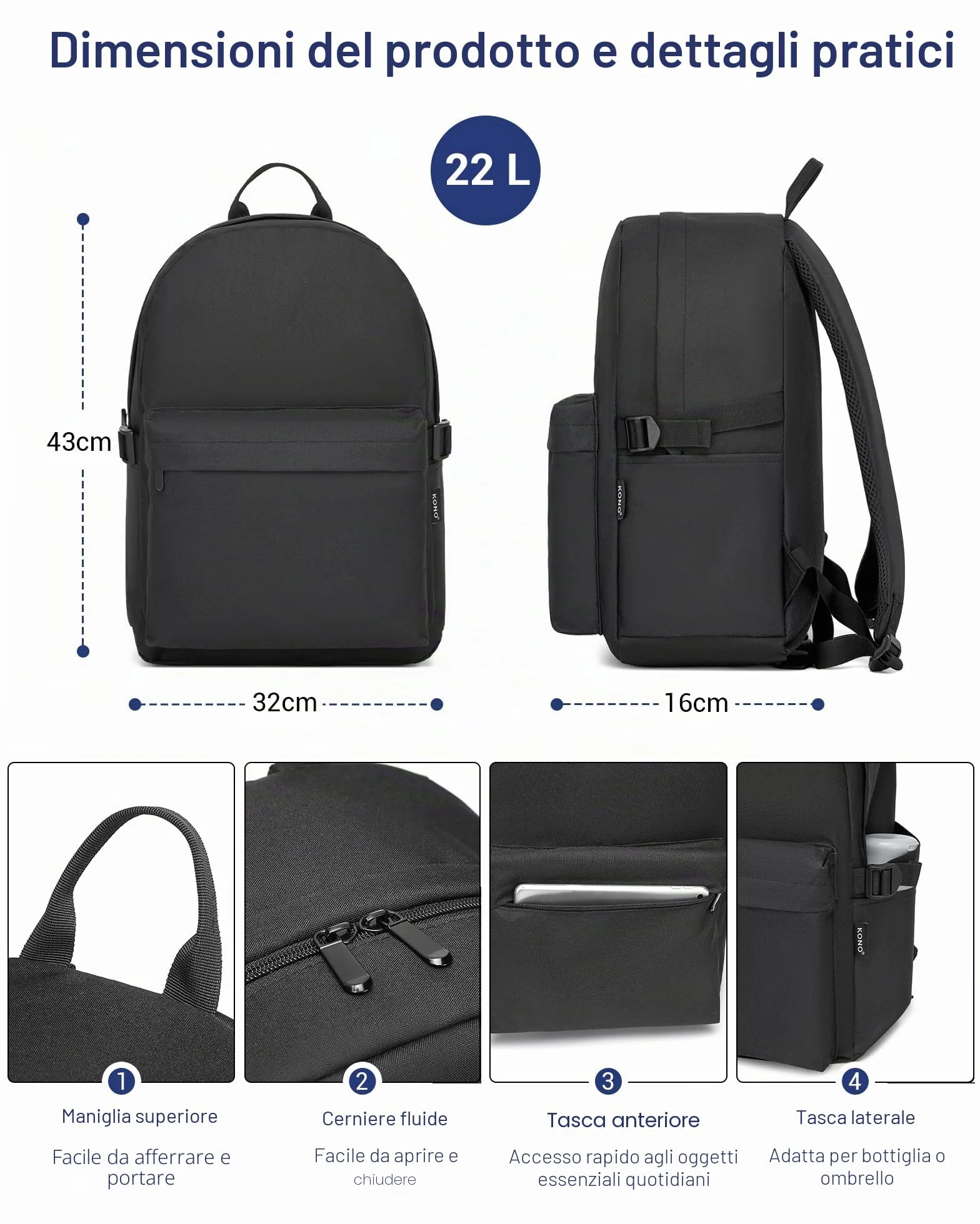 KONO Zaino Scuola, Zaino Uomo Donna Porta PC 15.4 Pollici, Zaino Università Lavoro, Zaino Casual Leggero per Viaggio e Tempo Libero (Nero)