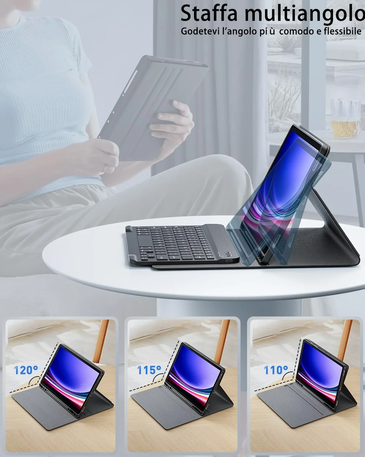Cover per iPad 9/8/7 10.2" iPad Air 3 10.5" iPad Pro 10.5" con tastiera Bluetooth QWERTY e Mouse Nero
