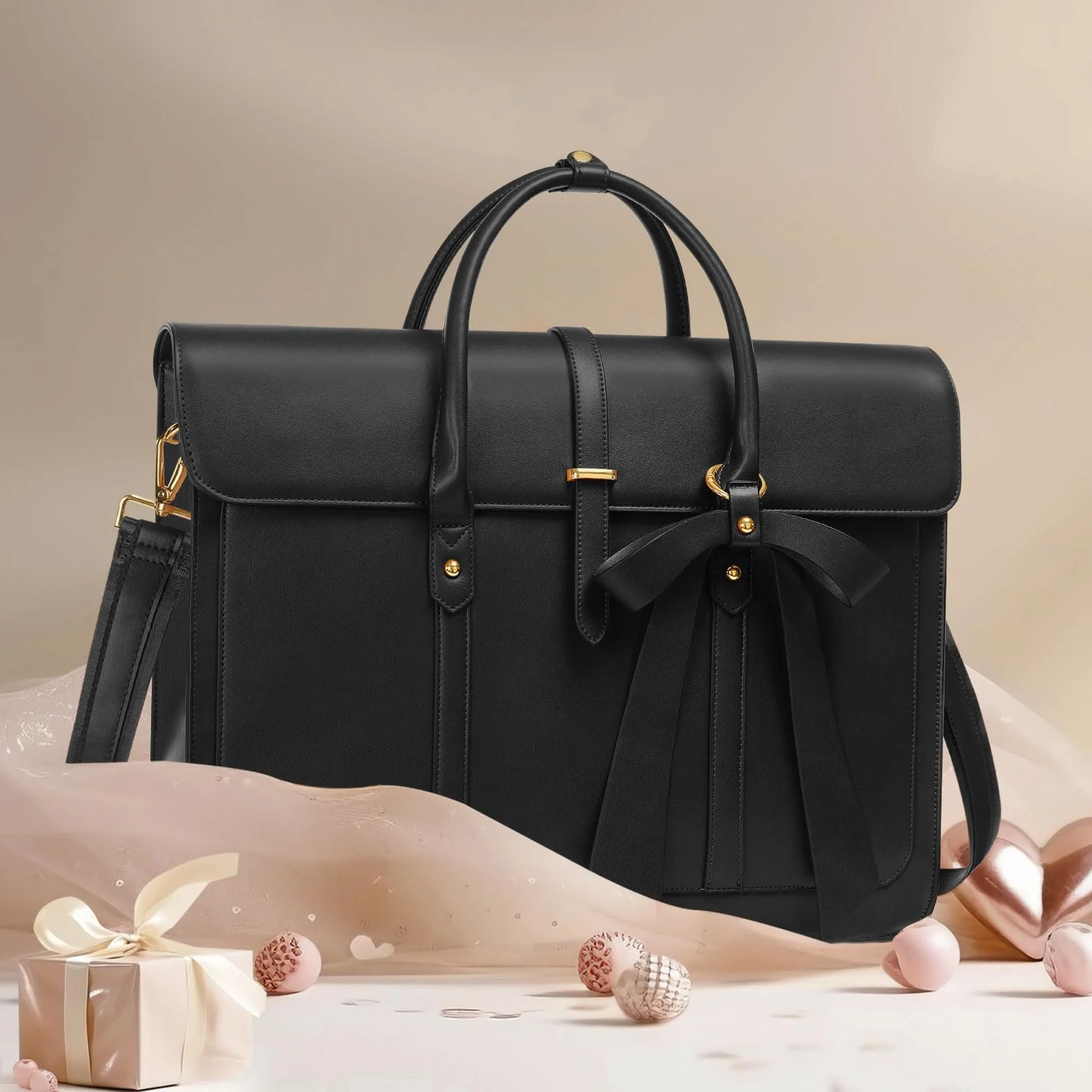 MOSISO Borsa Porta PC Donna,15-15,6 Pollici Laptop in Pelle PU Borsa a Tracolla Convertibile,16 Pollici Borse Messenger Casual Lavoro Viaggio Computer Custodia con Nodo a Fiocco,Nero