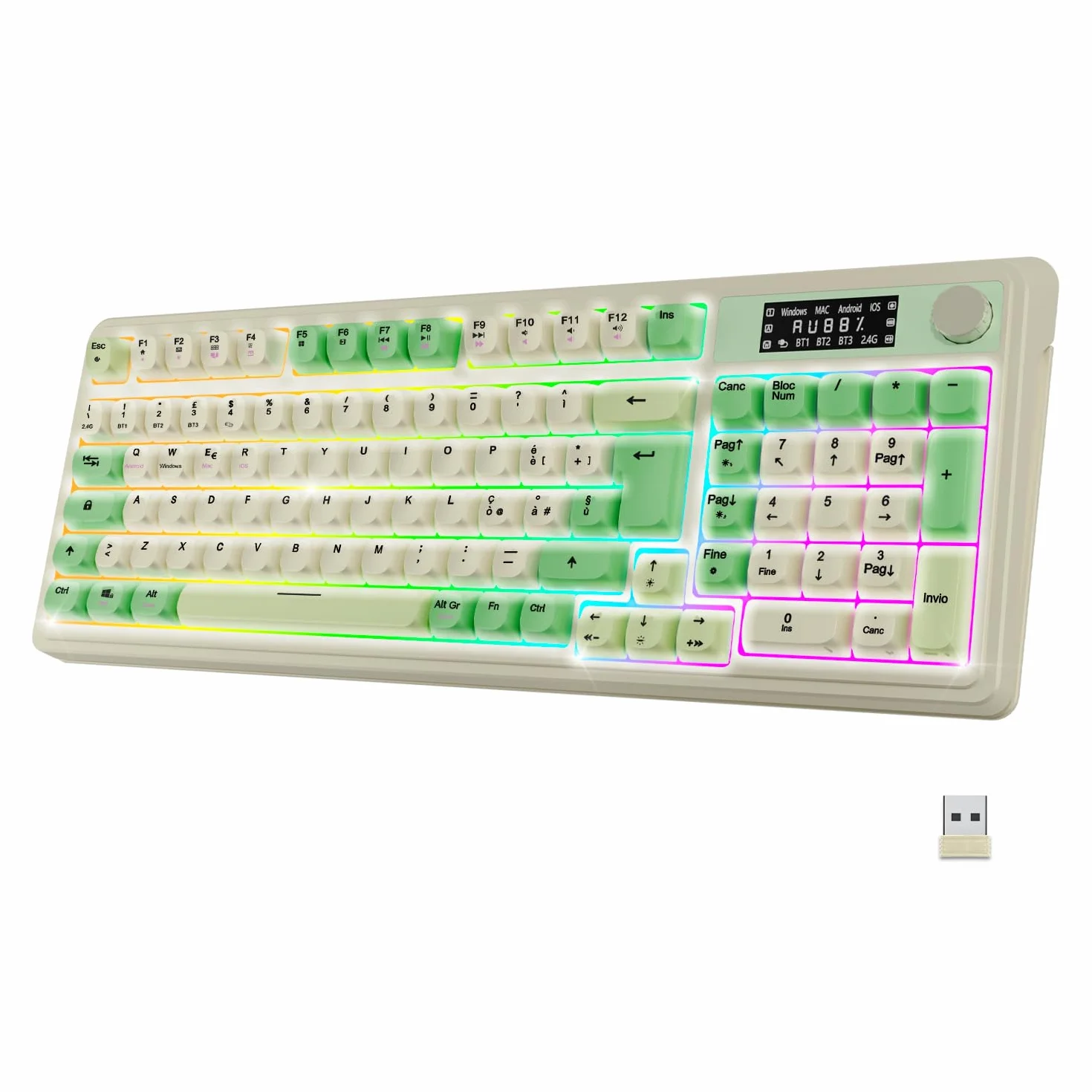 Tastiera Senza Fili Ricaricabile NEWWAY NK251 Layout Italiano QWERTY Tripla Modalità WiFi 2.4 GHz Bluetooth USB-C Display LCD Rotella Multifunzione Retroilluminazione RGB