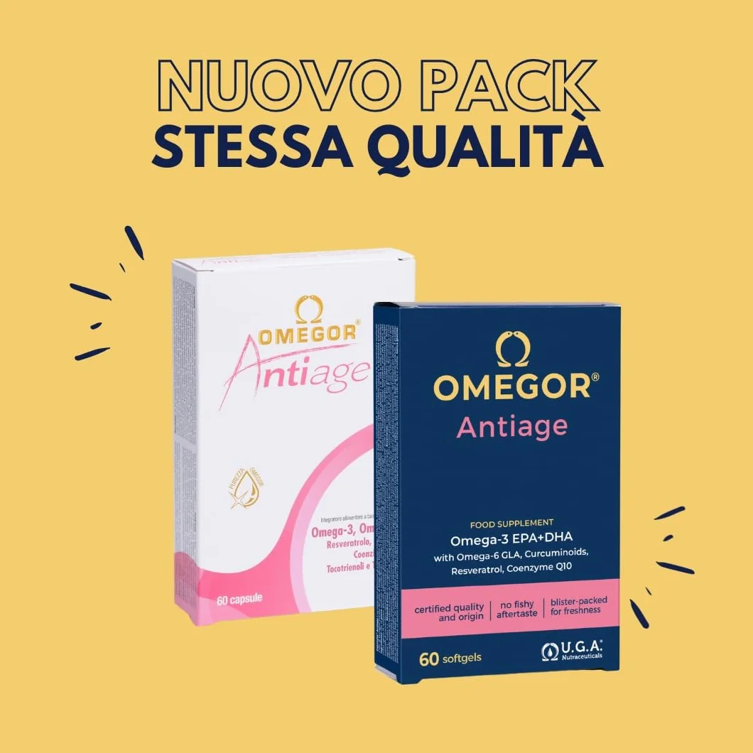 OMEGOR Antiage Integratore Pelle Antiossidante con Omega 3 e 6, Coenzima Q10, Resveratrolo, Alfa Lipoico e Curcuma (60 Capsule)