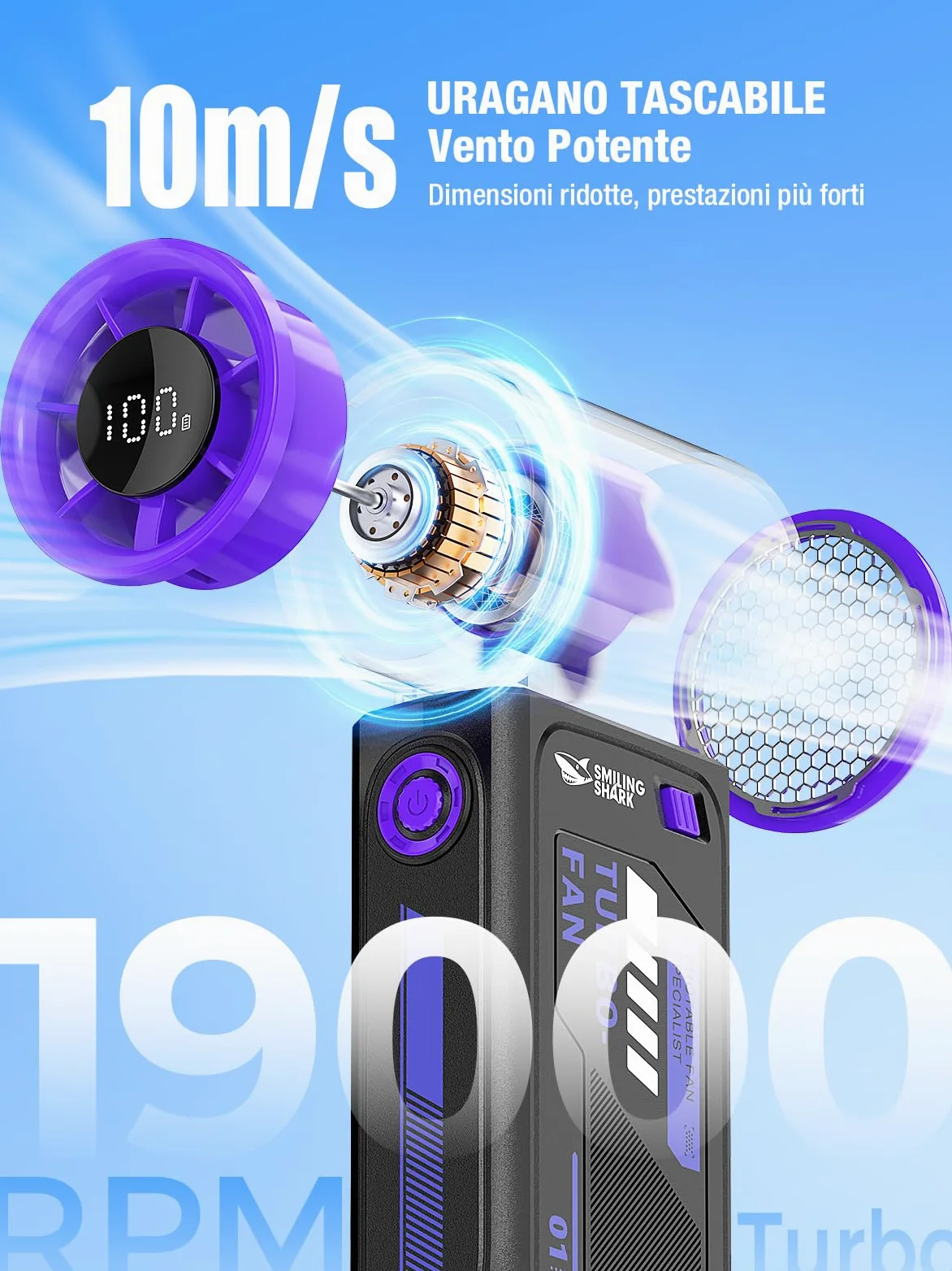 Smiling Shark TF-01 Ventilatore Turbo Portatile, Turbo Power 10m/s Alta Velocità Regolabile 1-100 Mini Ventilatore Portatile a Mano [Max 12H] con Display LED per Viaggi/Concerti/All'aperto/Campeggio