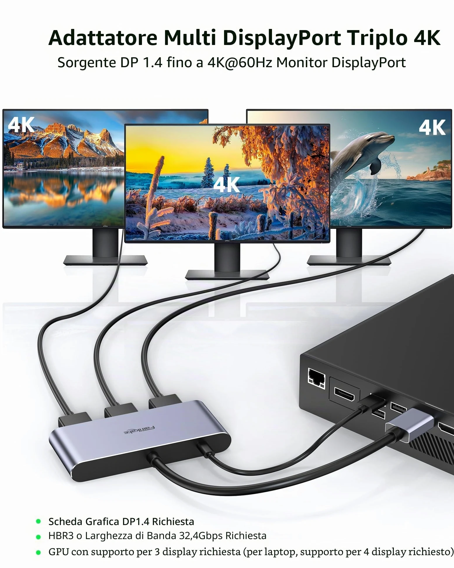 Splitter DisplayPort 1.4 a 3 porte - DisplayPort MST Hub Monitor Splitter | Supporta single 8K, Dual 4K 120Hz, 60Hz e 1080p 60Hz - Solo Windows