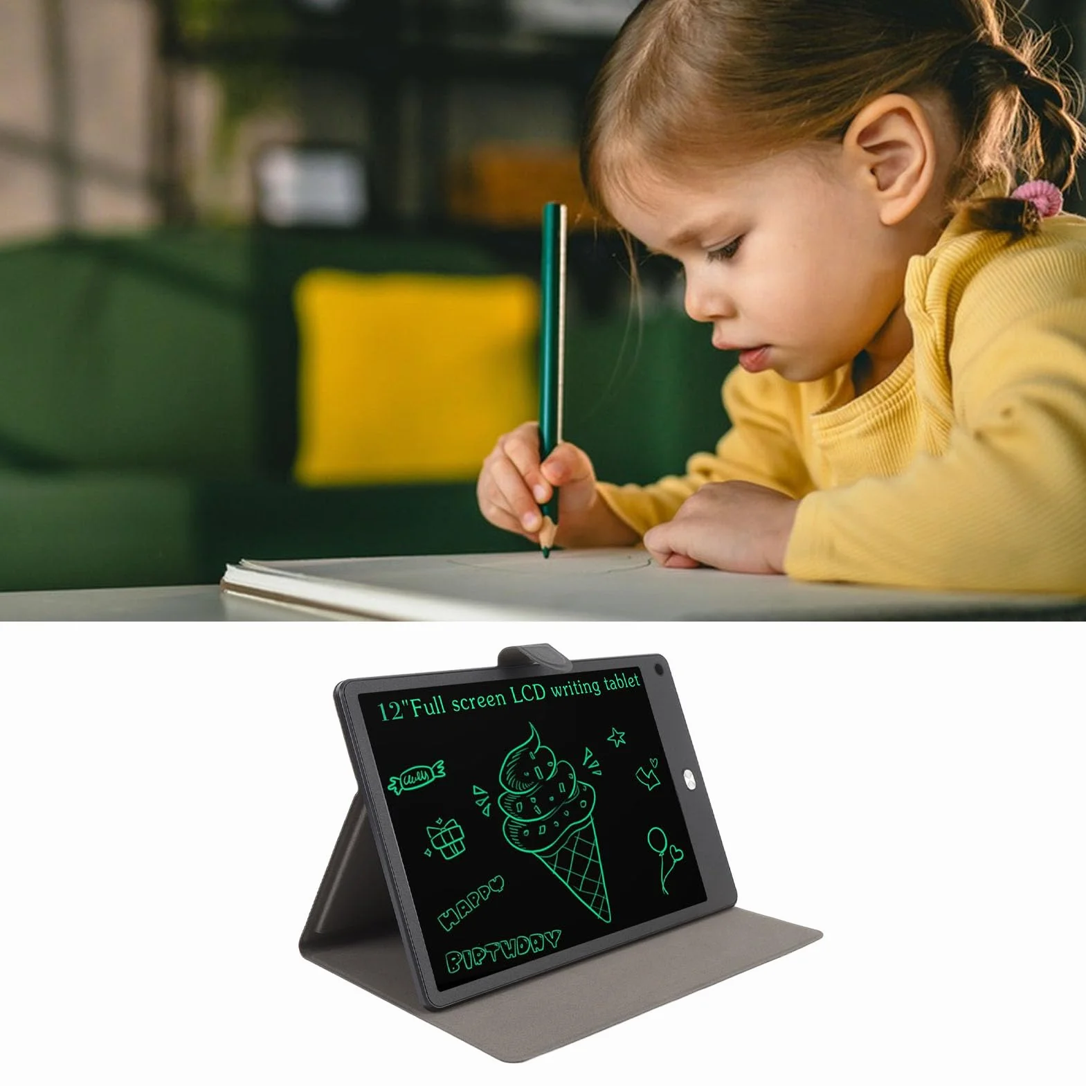 Tablet di Scrittura LCD 12 Pollici per Adulti, Schermo Intero PU, Nero