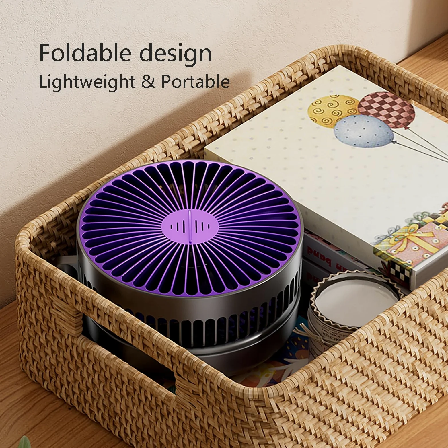 Piccolo ventilatore portatile ricaricabile con luce notturna, circolazione d'aria ultra silenziosa a 5 velocità, forte flusso d'aria per casa e ufficio, ventilatore da tavolo personale pieghevole
