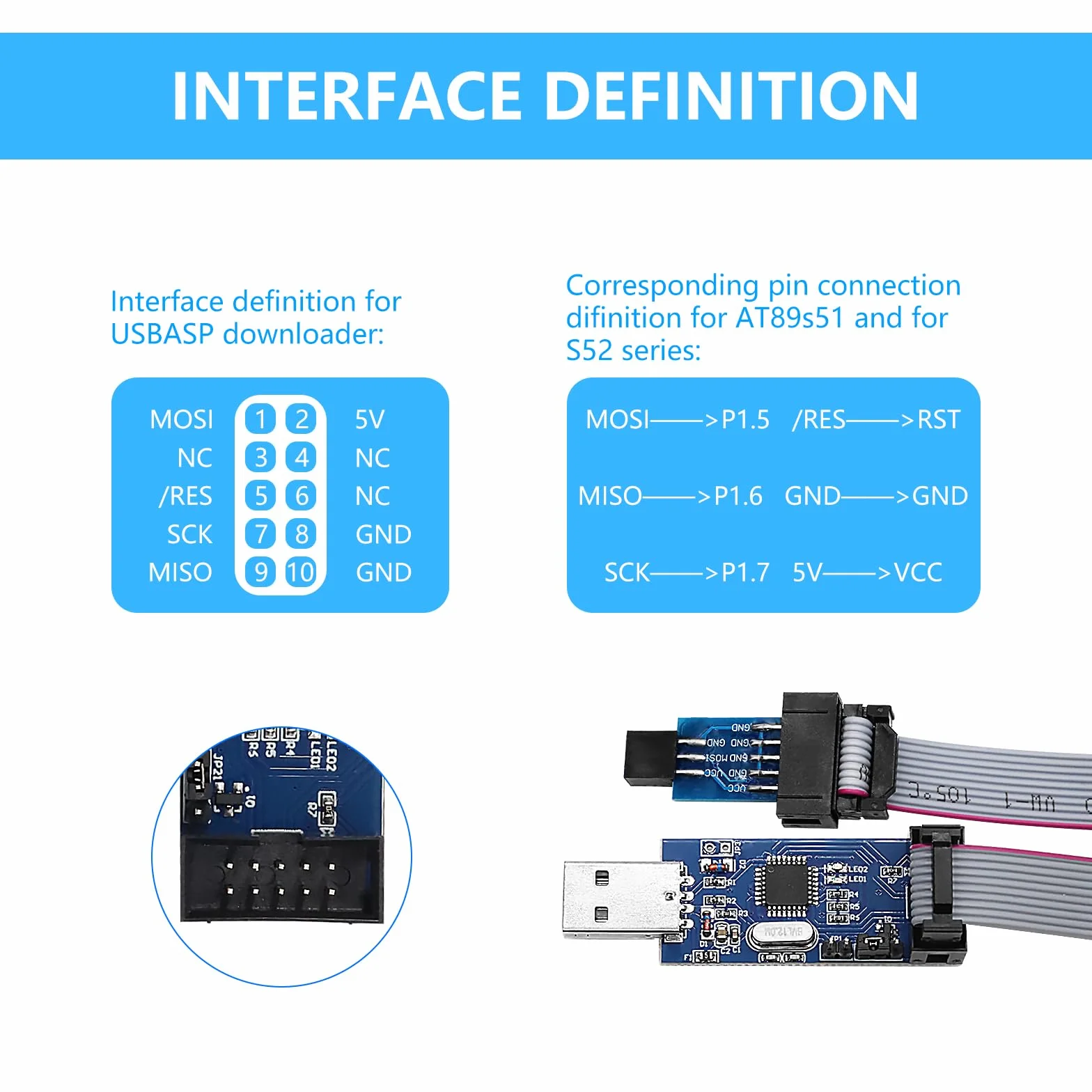 USBasp programmatore con adattatore ISP e cavo, programmatore per USBASP, 3,3 V 5 V 51 USB ISP Programmer per Atmel AVR e Arduino
