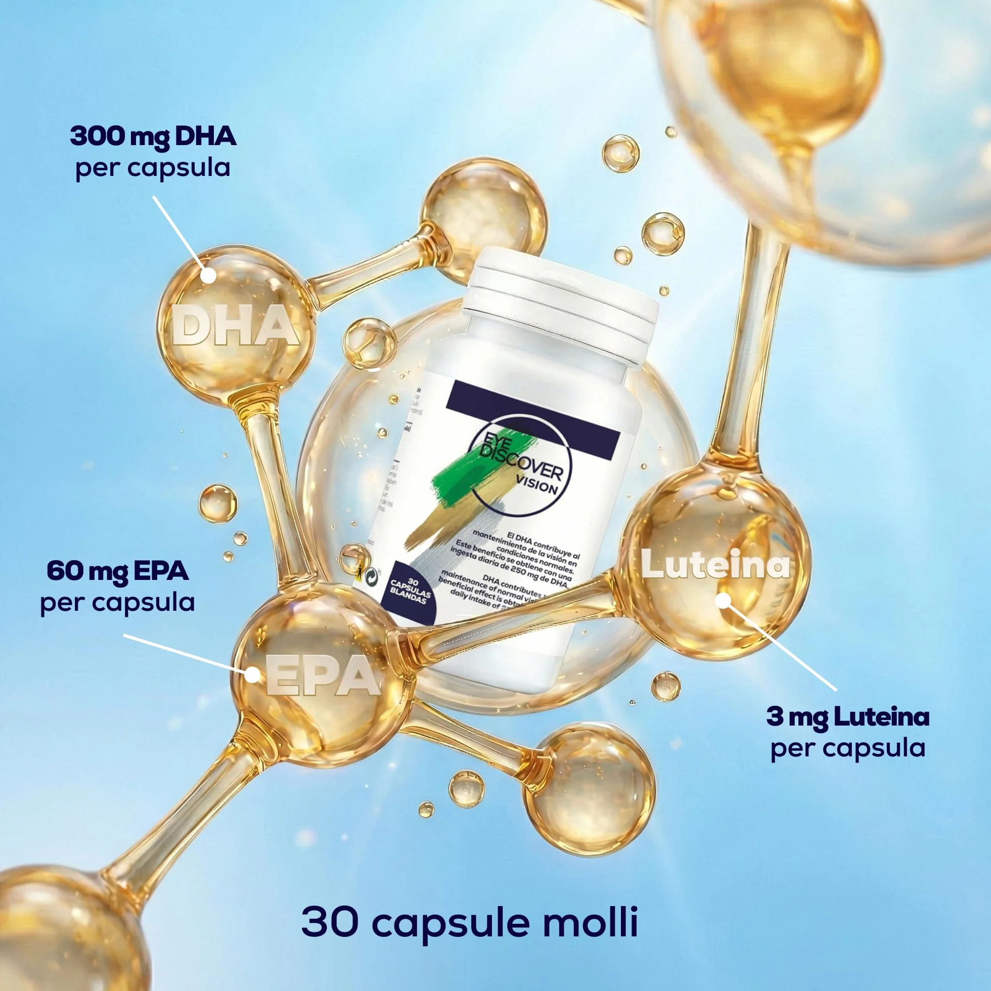 VISION Suplemento para el Cuidado de la Visión con Omega 3 y Luteína, 300 mg DHA - 30 Cápsulas Blandas