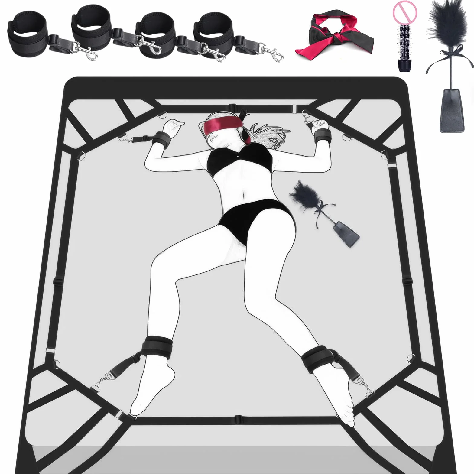 Qoosea SM Bondage Kit da Letto Regolabile con Manette e Maschera Occhi per Coppie