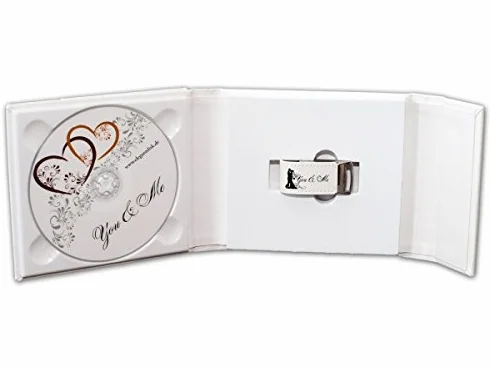 Custodia con supporto per DVD, slot per chiavetta USB e finestrella per foto, motivo: matrimonio, in ecopelle, colore: bianco