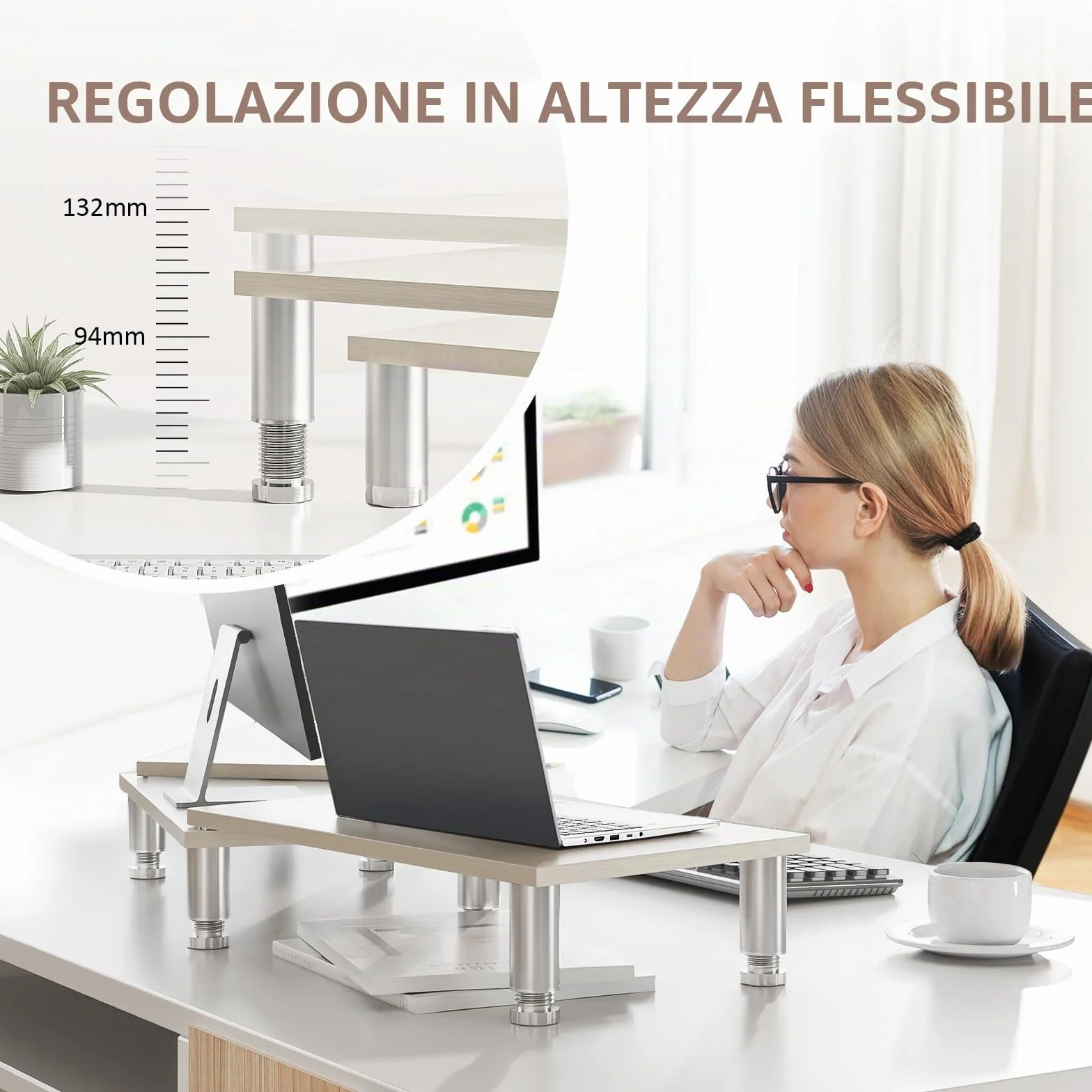 AX WABER Supporto per doppio monitor, Supporto per monitor con lunghezza e angolo regolabili, Supporto per monitor in legno per scrivania, Riser per 2 monitor con spazio di archiviazione Venatura
