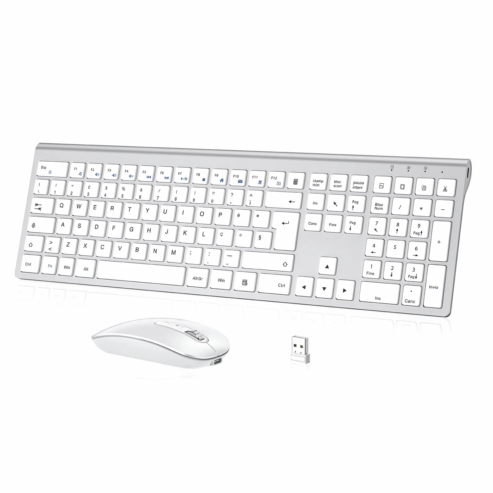 Tastiera e Mouse Wireless - cimetech Tastiera Wireless Ricaricabile 2.4G, Layout Italiano QWERTY, Tastiera Design Ergonomico, Ultra Sottile per Computer/Desktop/PC/Laptop/Windows 10/8/7 (argenteo）
