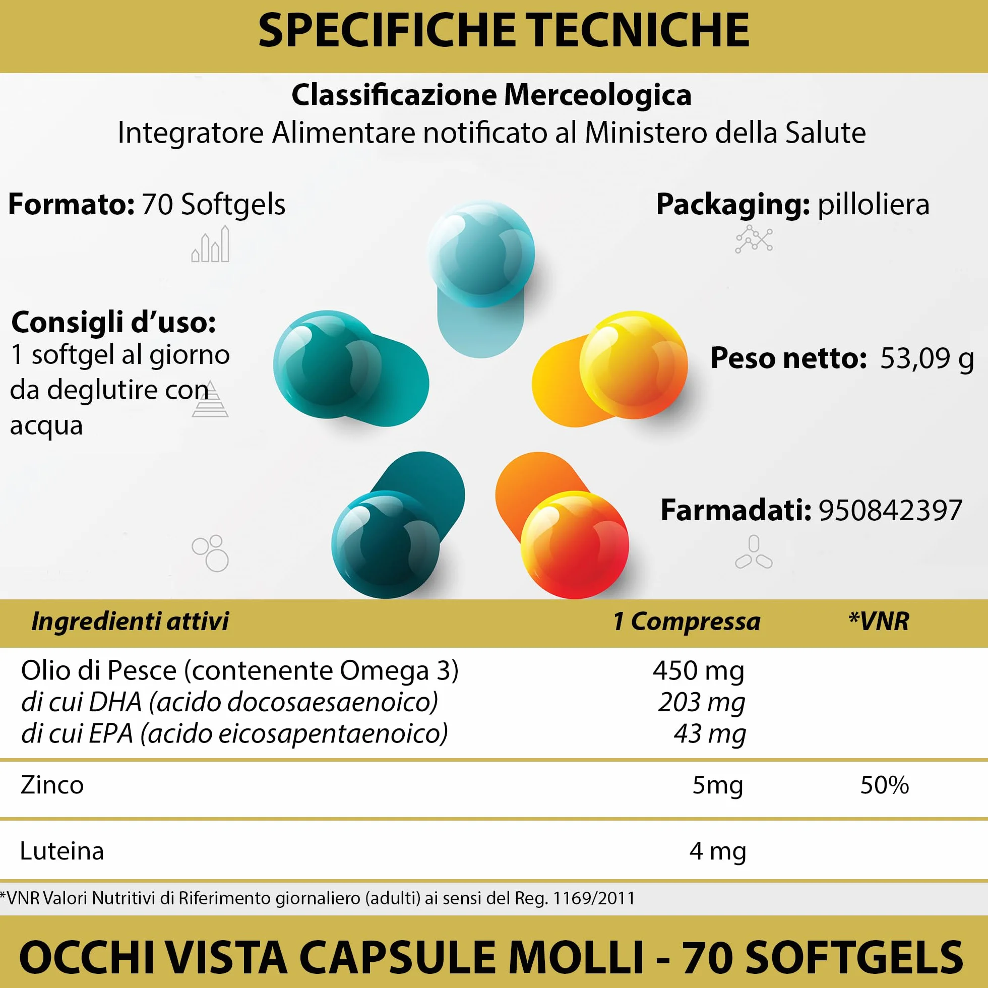 LA BOTTEGA DEGLI INTEGRATORI Integratore per la Visione 280 Softgels Luteina Zinco Olio di Pesce Omega 3 DHA EPA Occhi Vista Capsule Molli