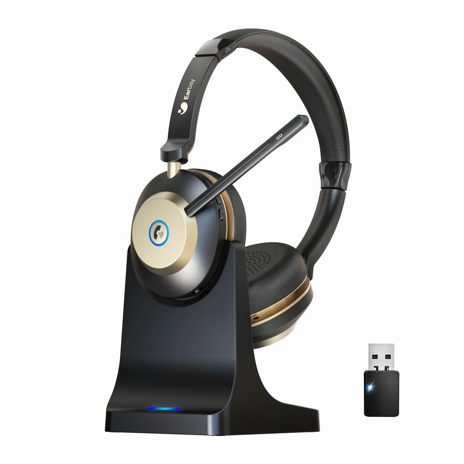Cuffie wireless Bluetooth con microfono, cancellazione del rumore e dongle USB, cuffie on-ear con dock di ricarica e 45 ore di tempo di lavoro per computer/telefoni cellulari/team Ms Team/Skype/Zoom