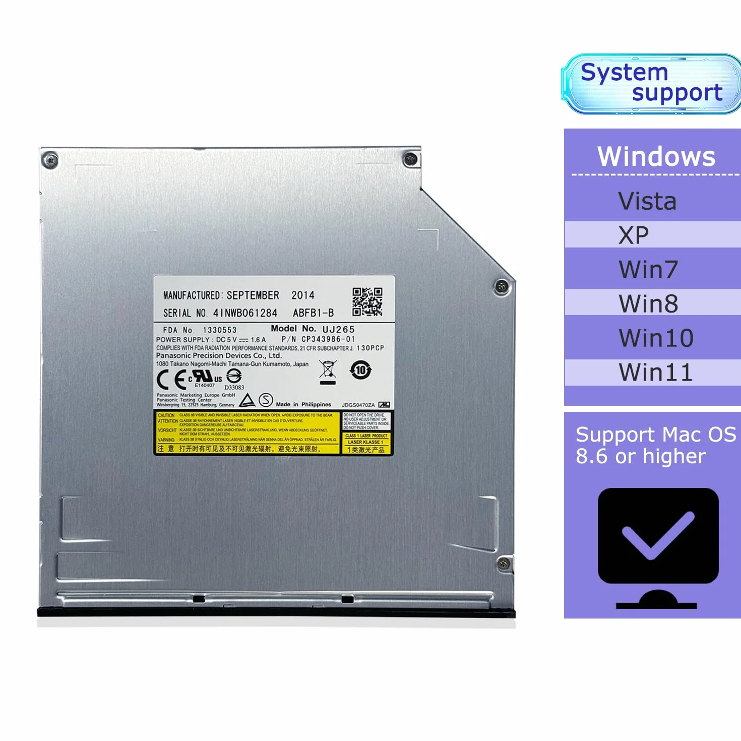 UJ-265 UJ265A Internal12.7mm SATA Interno Slot Load Blu-ray Masterizzatore BD-RE Lettore Blu-ray 3D Supports100G 128G Blu-ray Dischi per Dell Alienware m18x m17x R3 i5 i7