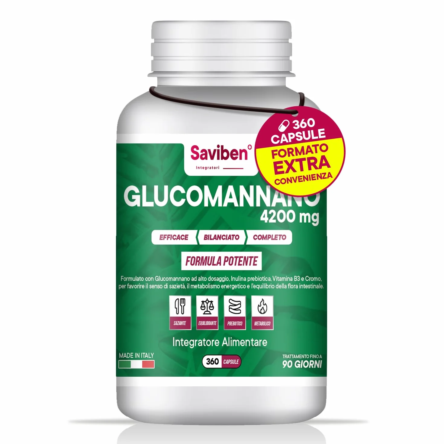 Glucomannano Forte 4200mg 360CPS Perdita di Peso Soppressore dell’Appetito con Inulina Cromo Vitamina B3