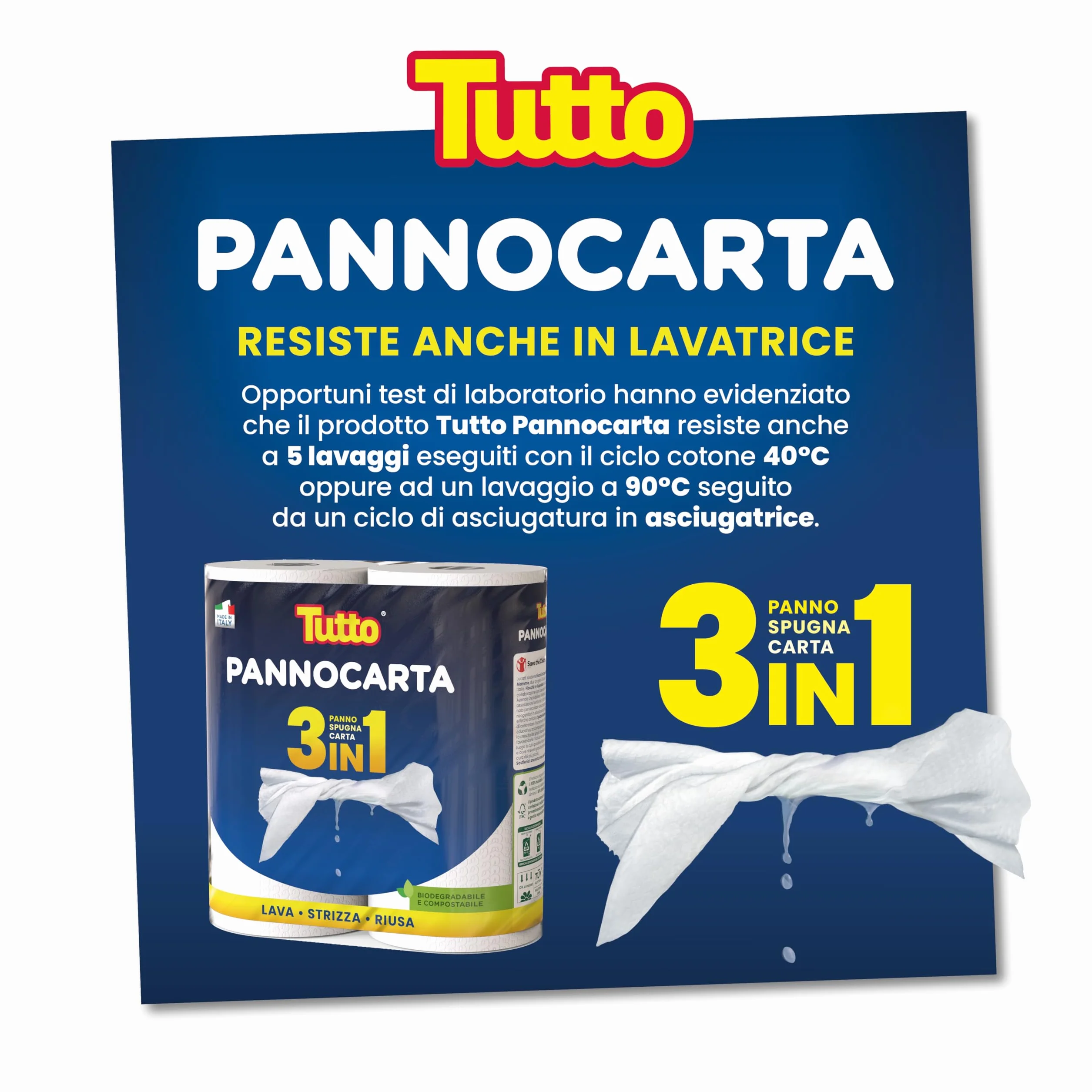 Tutto Pannocarta 3 in 1 Carta Multiuso 20 Rotoli Extra Assorbente Lavabile Riutilizzabile Made in Italy