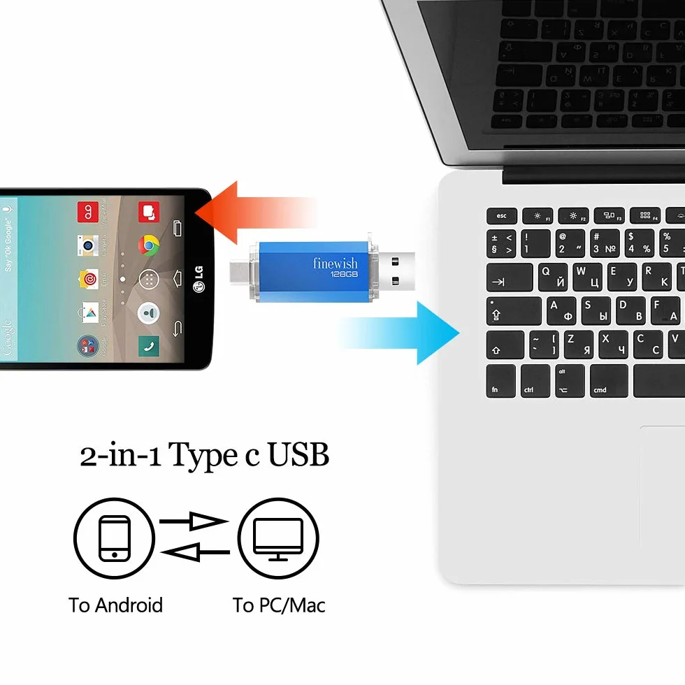Chiavetta USB Type C 128 GB 2 in 1 OTG Pen Drive per PC MacBook Tablet Smartphone Huawei Samsung Xiaomi Blu