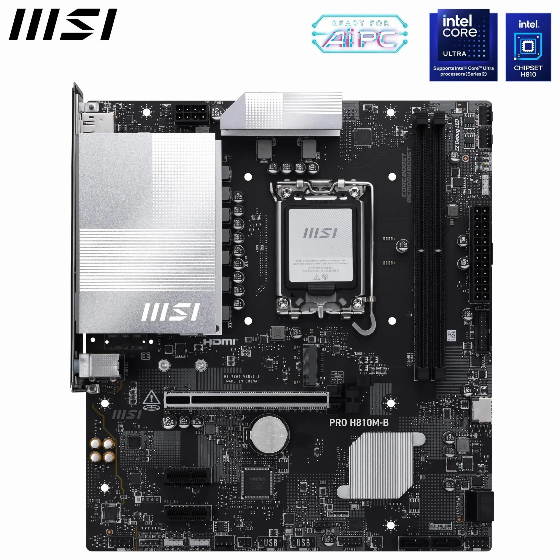 MSI PRO H810M-B Scheda Madre mATX – Supporta Intel Core Ultra (Serie 2) LGA 1851 – DDR5 Memory Boost (6400 MT/s MAX), PCIe 5.0 x16, M.2 Gen4, LAN 2.5G