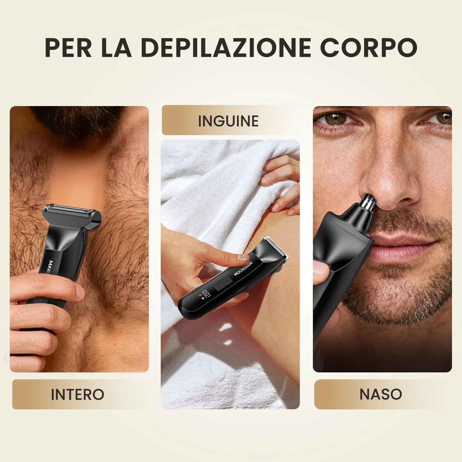 MAXGROOM Rasoio Elettrico Corpo Uomo Depilatore Intimo Ricaricabile Uso Umido e Asciutto