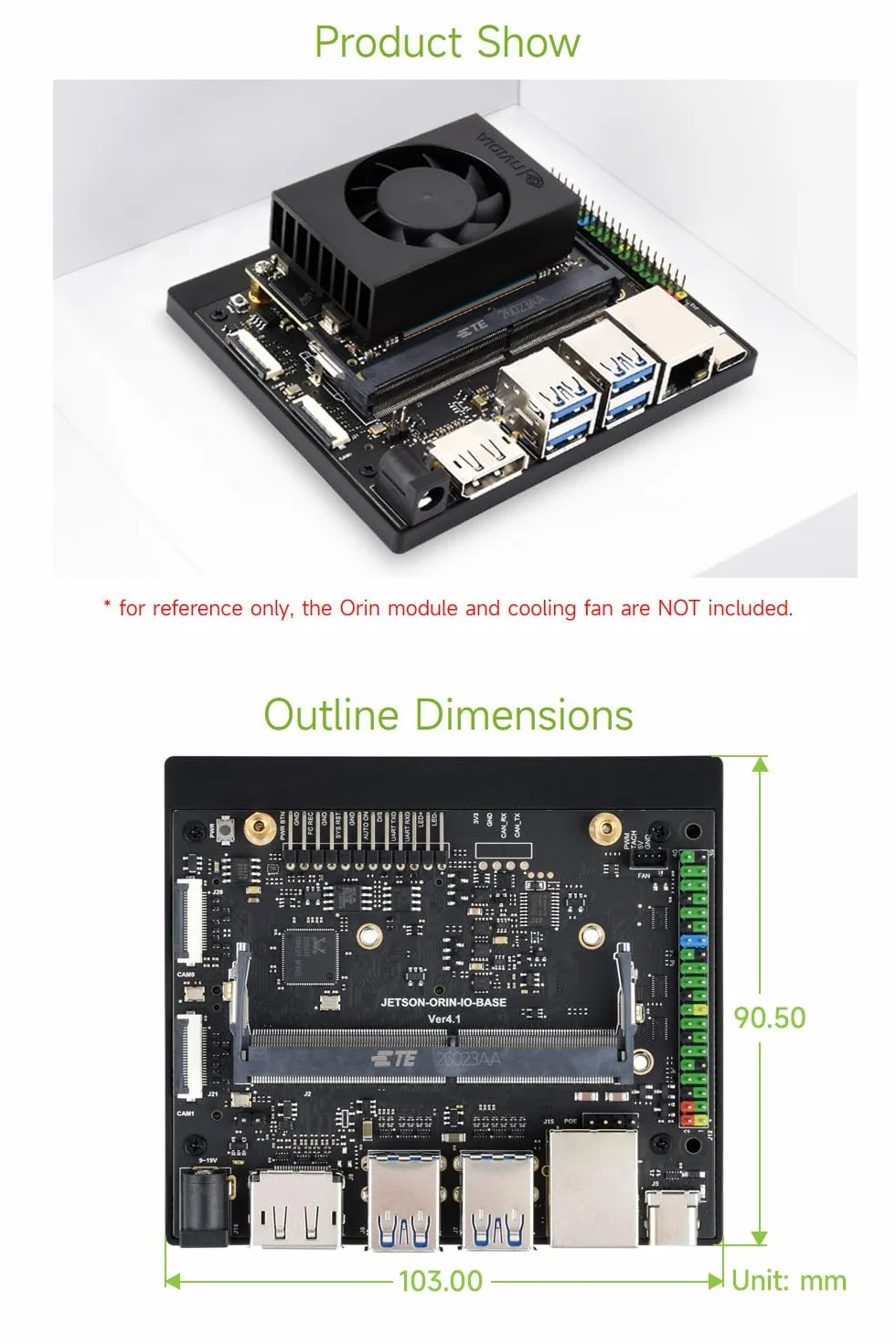 Waveshare Jetson Orin Nano/NX AI Development Board, with Two 4-lane CSI Ports, Two M.2 Key M and One M.2 Key E Ports, 5 USB Ports, 4K High-definition DisplayPort Port, compatible with Orin Module