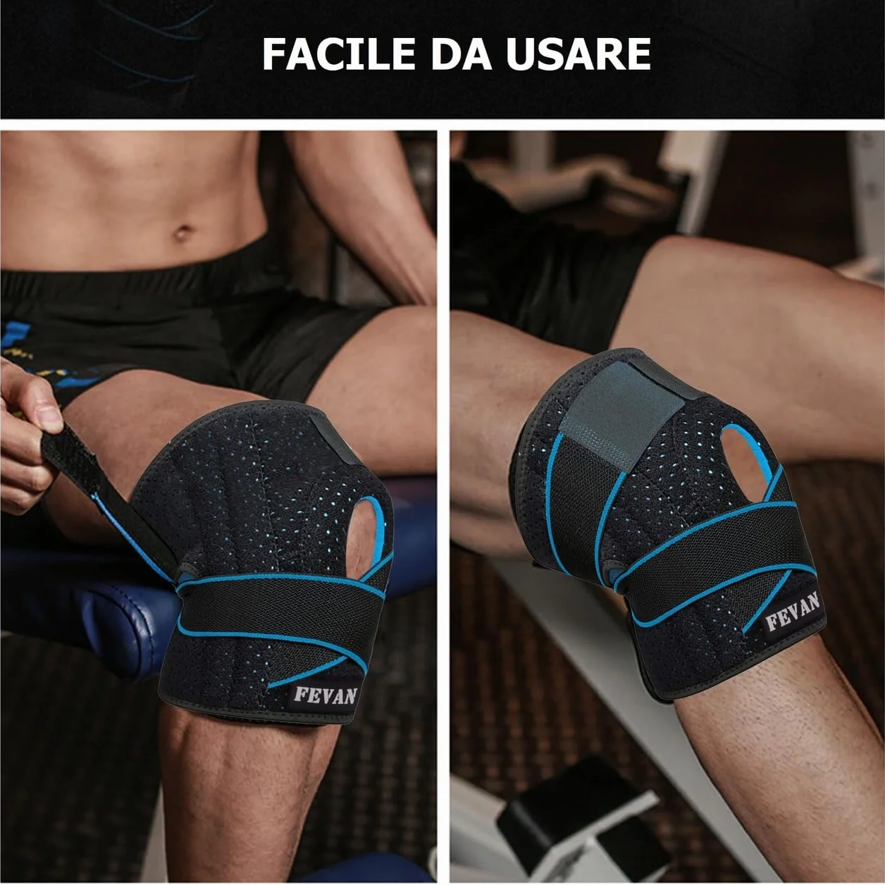 FEVAN Tutore Ginocchio Regolabile Ortopedica con Silicone Nero/Blu