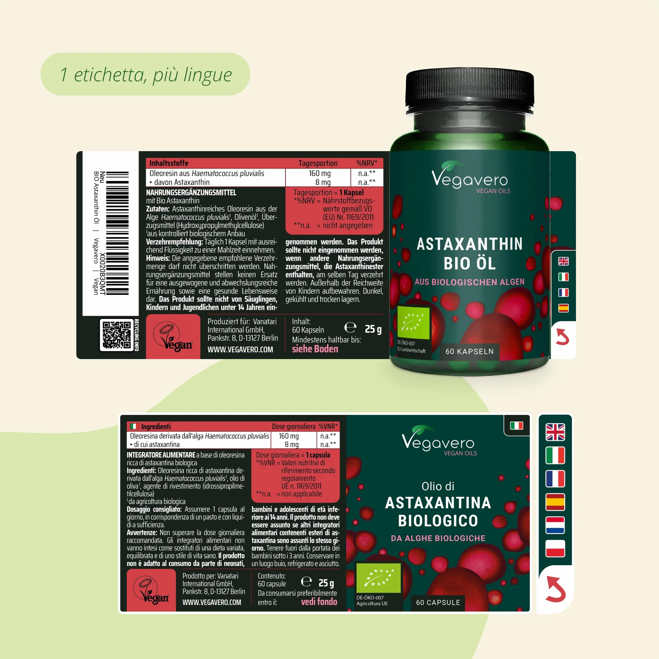 Vegavero® Astaxantina Biologica Antiossidante Haematococcus Pluvialis Difese Immunitarie Salute Pelle Occhi Alta Biodisponibilità Vegan